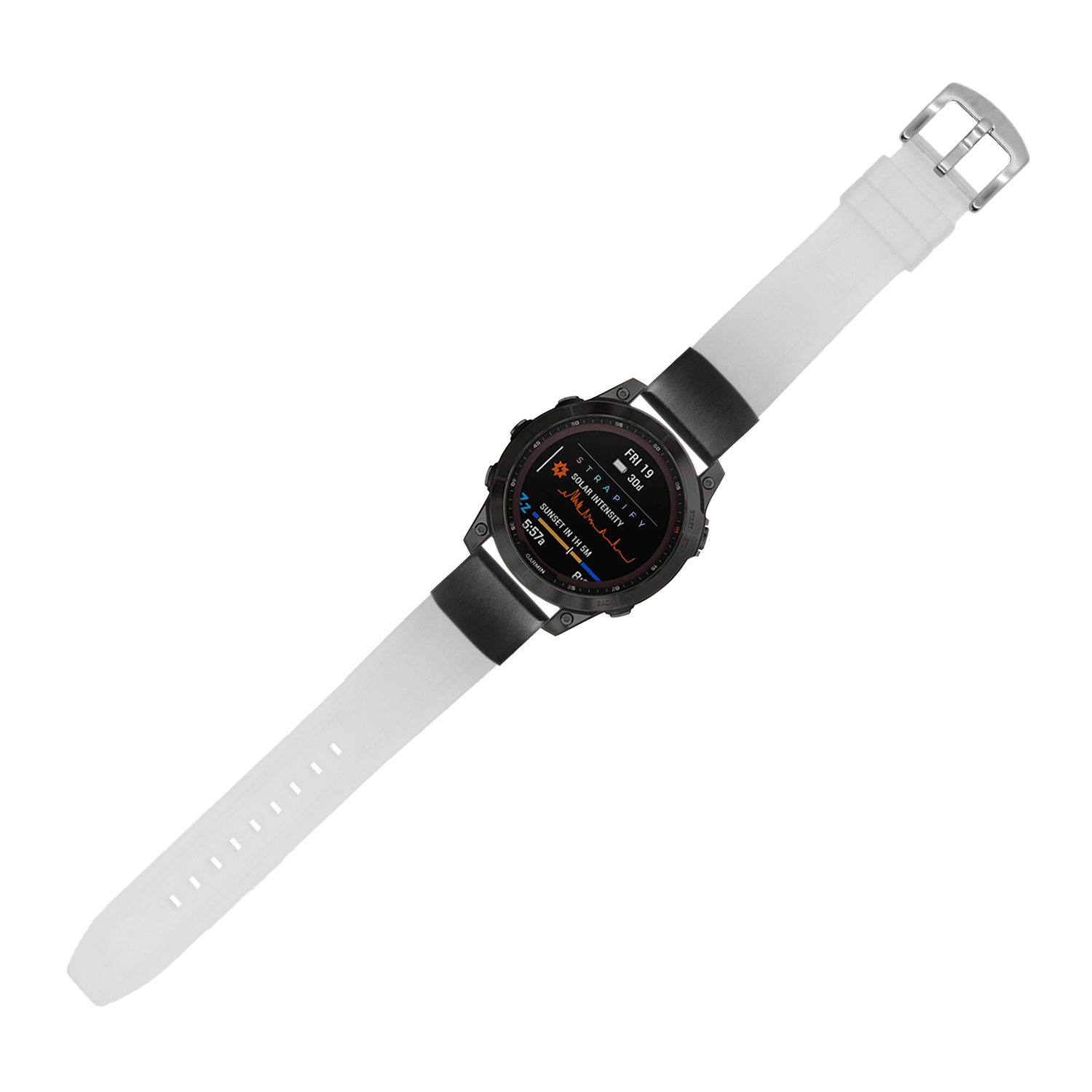 Smartwatch with black dial and white silicone strap featuring QuickFit Kingston FKM rubber band in jellyfish white 20mm size