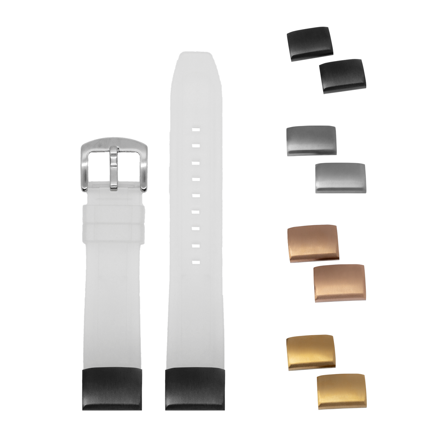 QuickFit Kingston FKM rubber watch strap in jellyfish white 20mm with interchangeable metal buckles in silver, gunmetal, rose gold and gold finishes