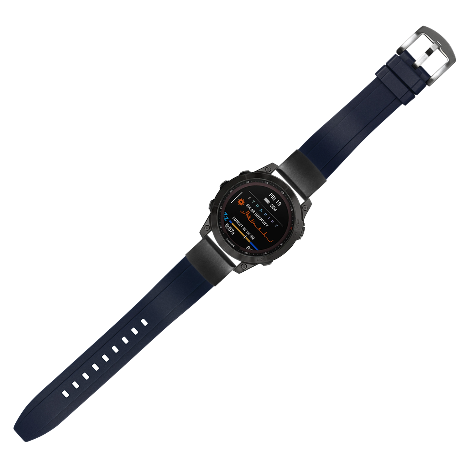 Military-style smartwatch with black case, AMOLED display showing fitness metrics, and midnight blue QuickFit rubber band with silver buckle