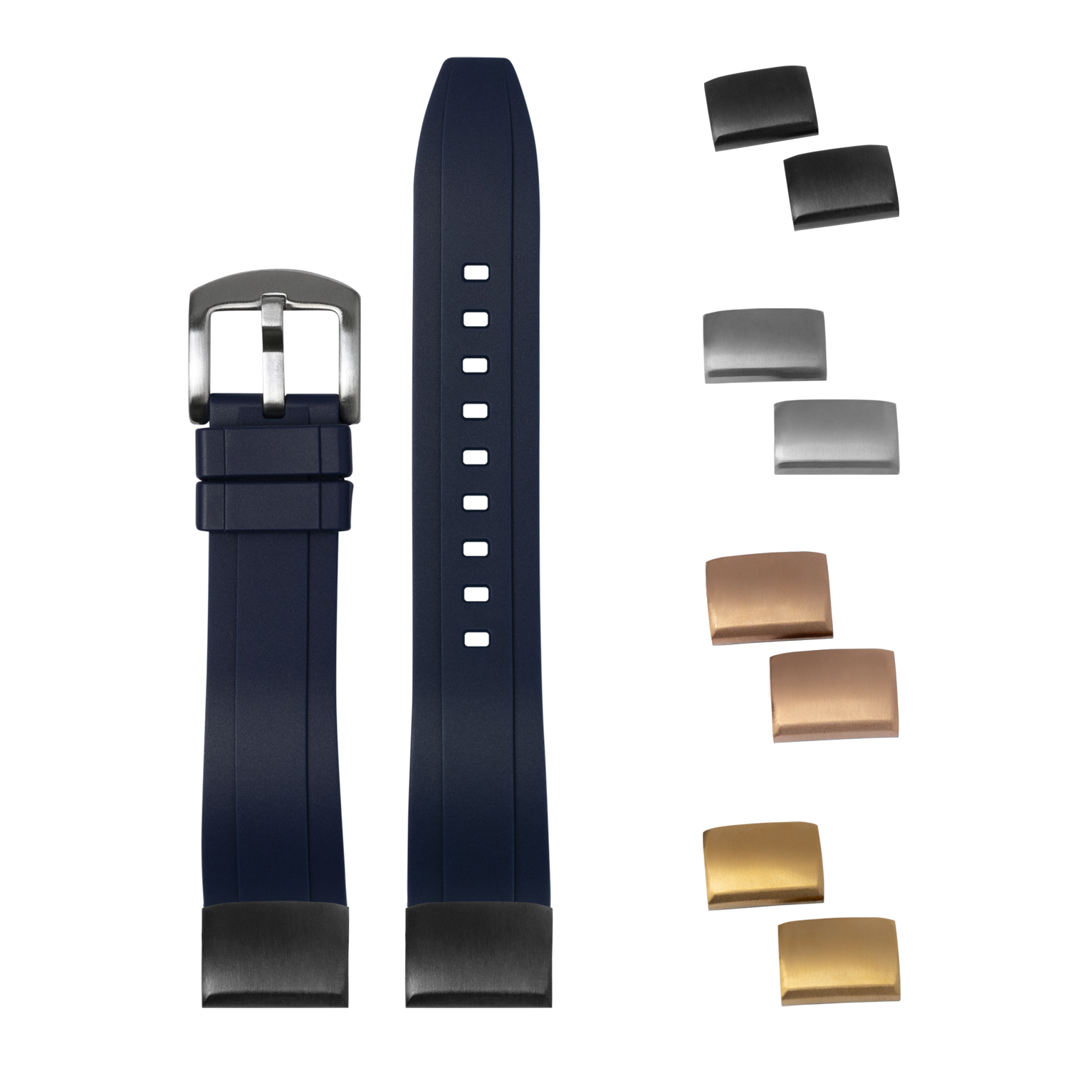Navy blue rubber watch strap with quick-fit spring bars and interchangeable metal buckles in black, silver, rose gold and gold finishes