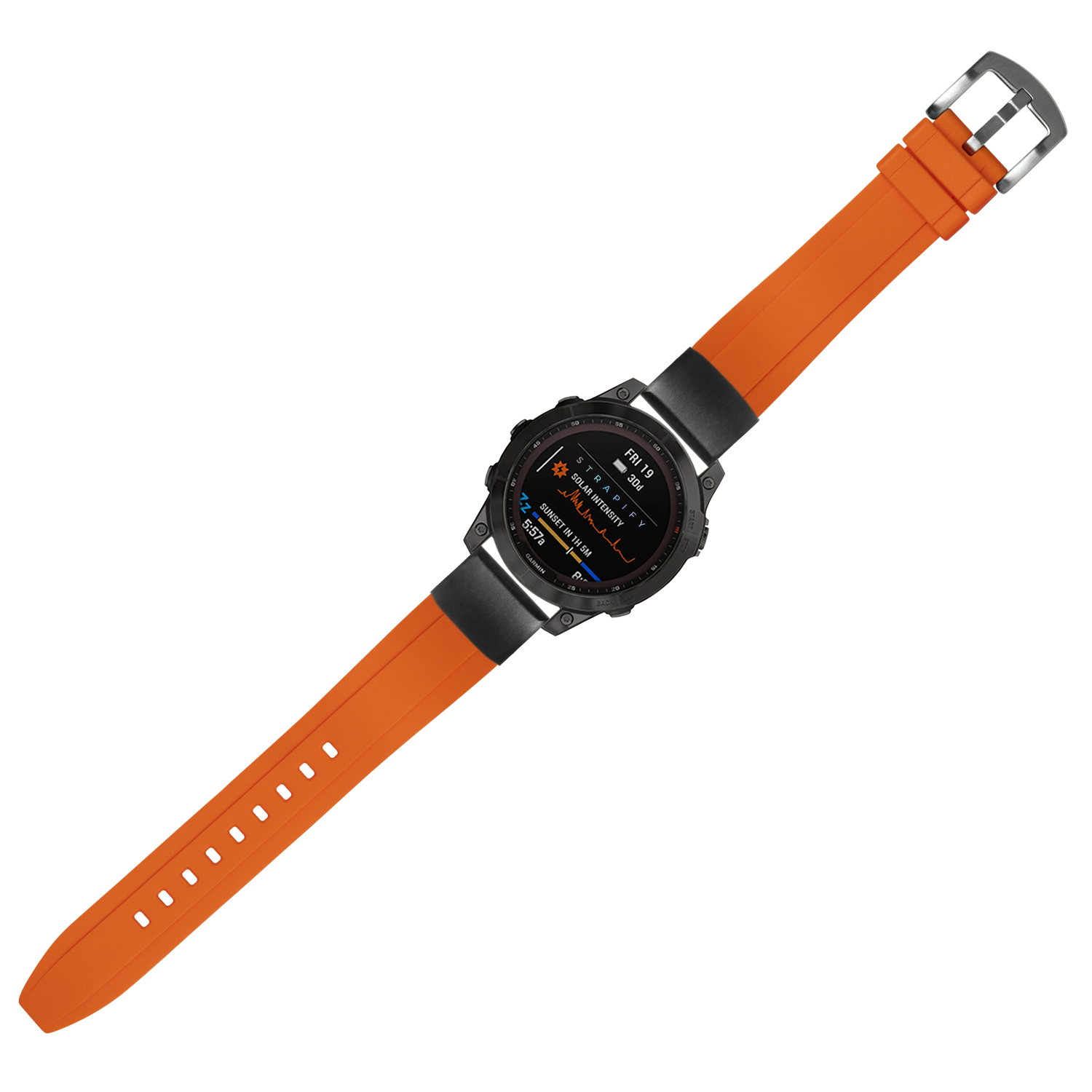 Orange silicone smartwatch band with black stainless steel case and AMOLED display showing fitness metrics