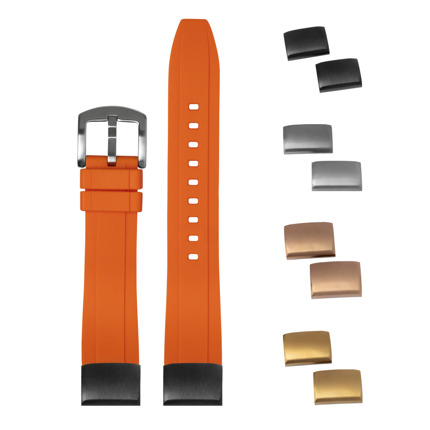 Orange rubber watch strap with interchangeable metal buckles in silver, gunmetal, rose gold and gold finishes