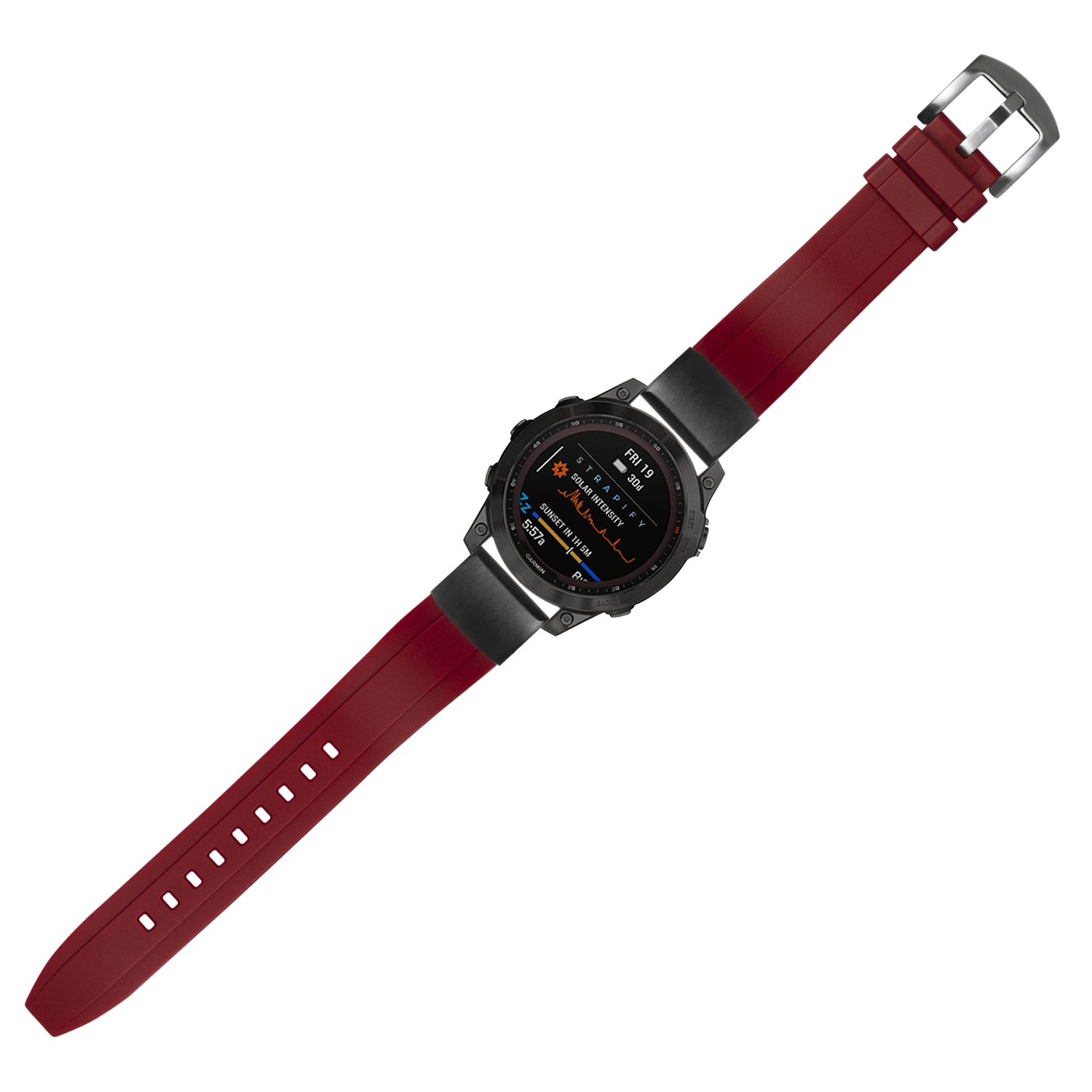 Black digital smartwatch with red silicone QuickFit band and stainless steel buckle, displaying fitness metrics on AMOLED screen