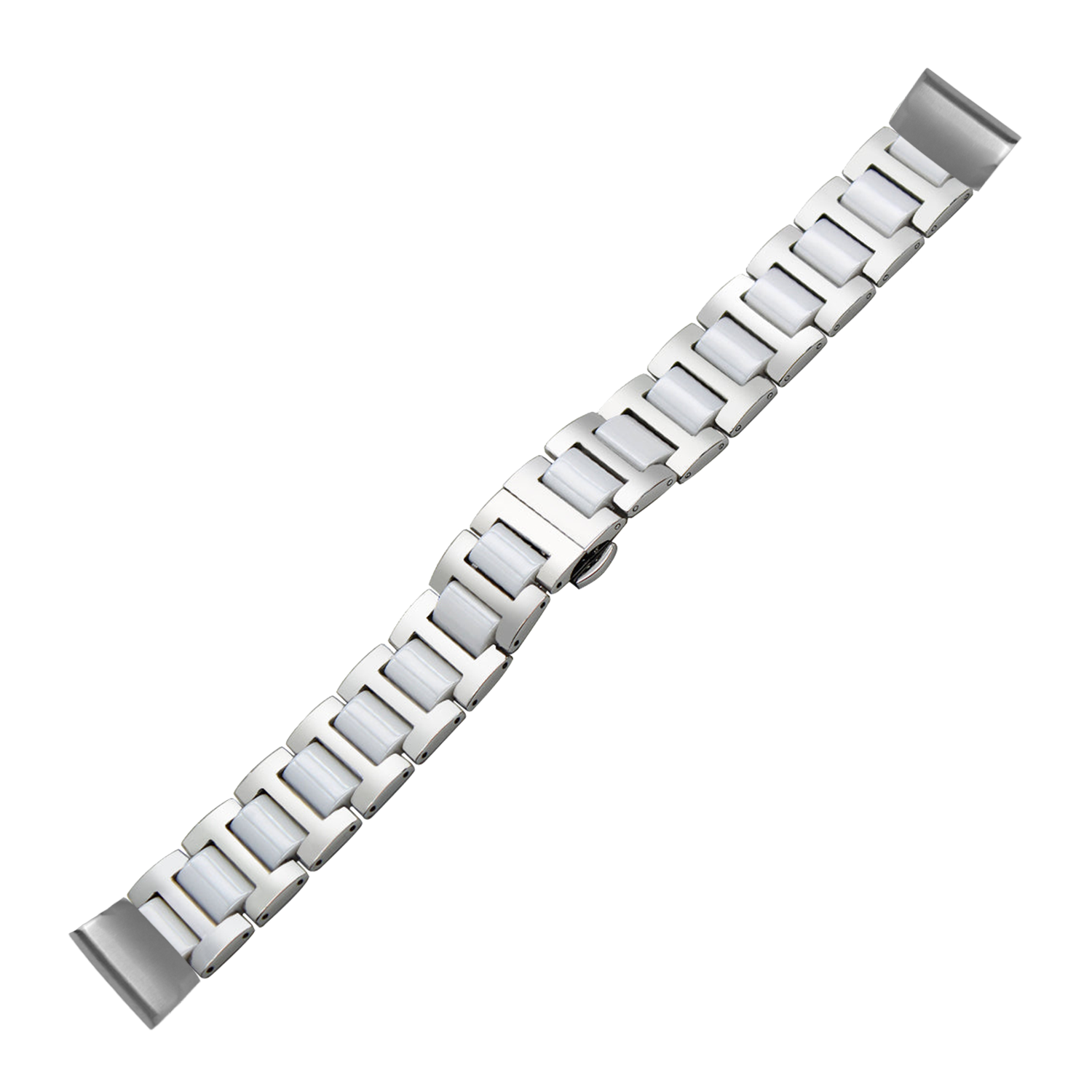 Silver and white ceramic watch band with quick-fit connector, 20mm width, featuring polished metal endpieces and segmented links