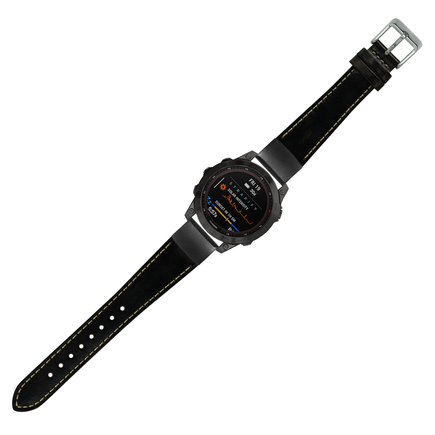 Black smartwatch with AMOLED display and vintage leather strap featuring contrast stitching, 20mm QuickFit band