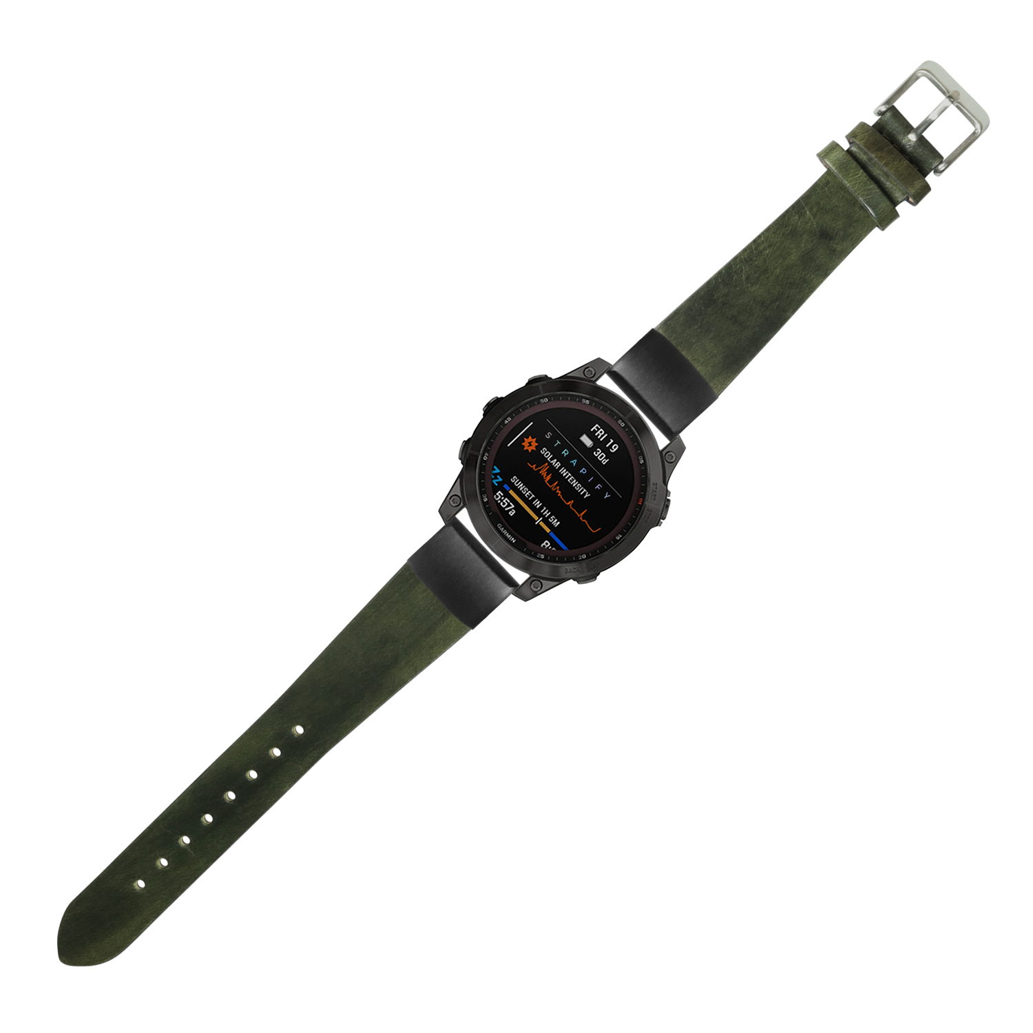 Military tactical smartwatch with black digital display and burnished green leather quick-fit band with metal buckle