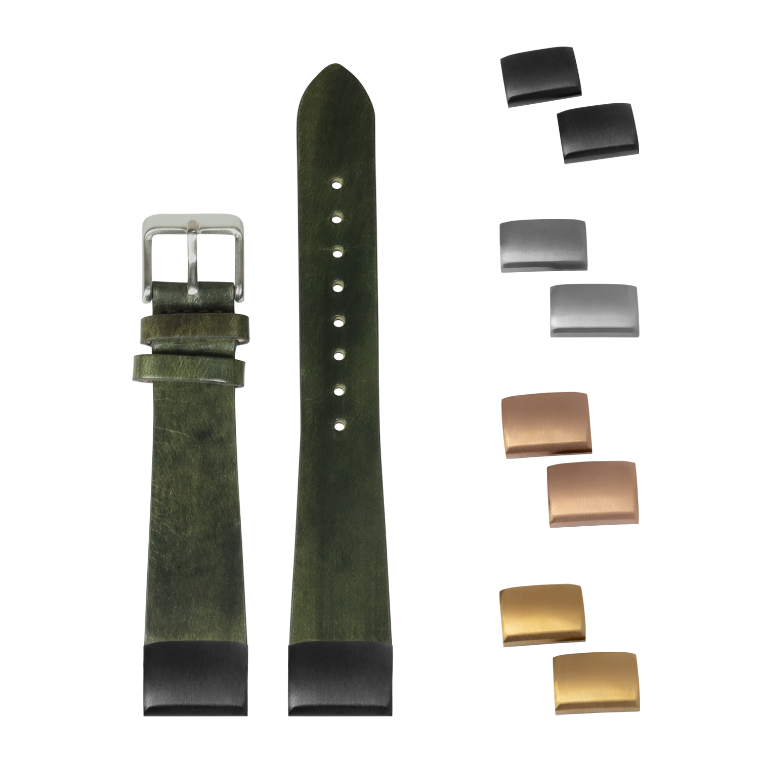 Burnished Amazon green leather watch strap 20mm with quick-fit system, includes interchangeable metal buckles and keepers