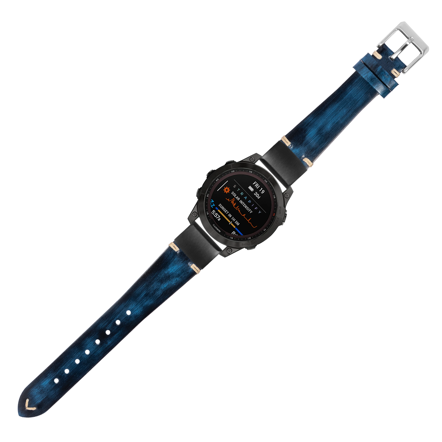 Smartwatch with black digital display and vintage smoked navy blue leather QuickFit band with metal buckle