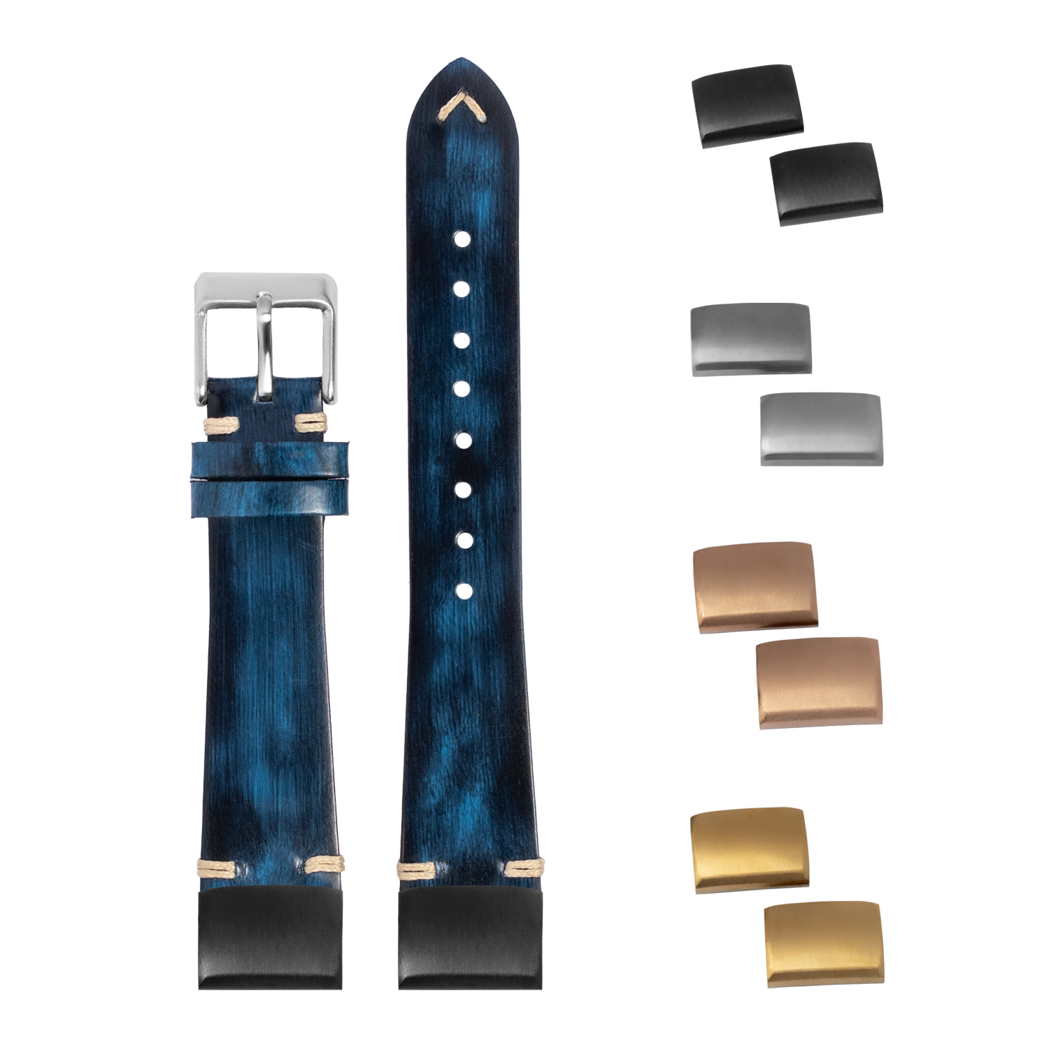 Vintage leather watch strap with smoked navy blue finish, quick-fit 20mm, includes interchangeable metal buckles in silver, gunmetal, and gold tones
