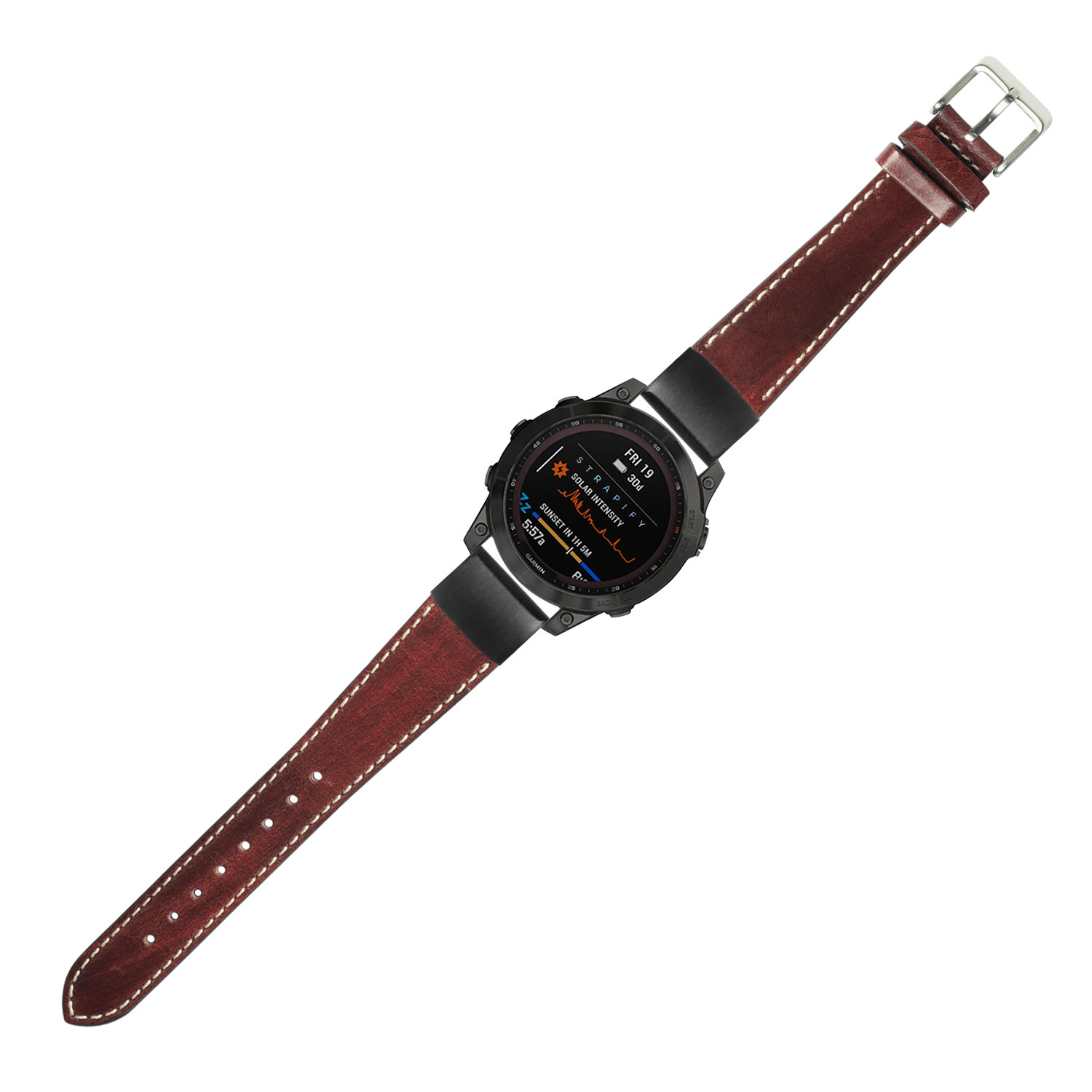 Smartwatch with black digital display and burgundy vintage leather band featuring white contrast stitching and silver buckle