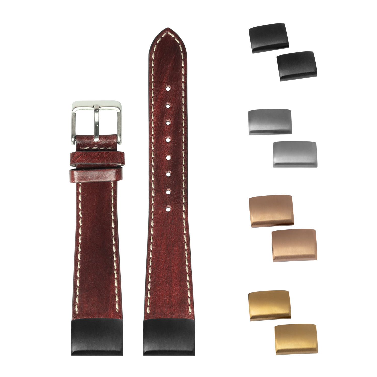 Burgundy leather watch strap with white contrast stitching, interchangeable metal buckles and end links included