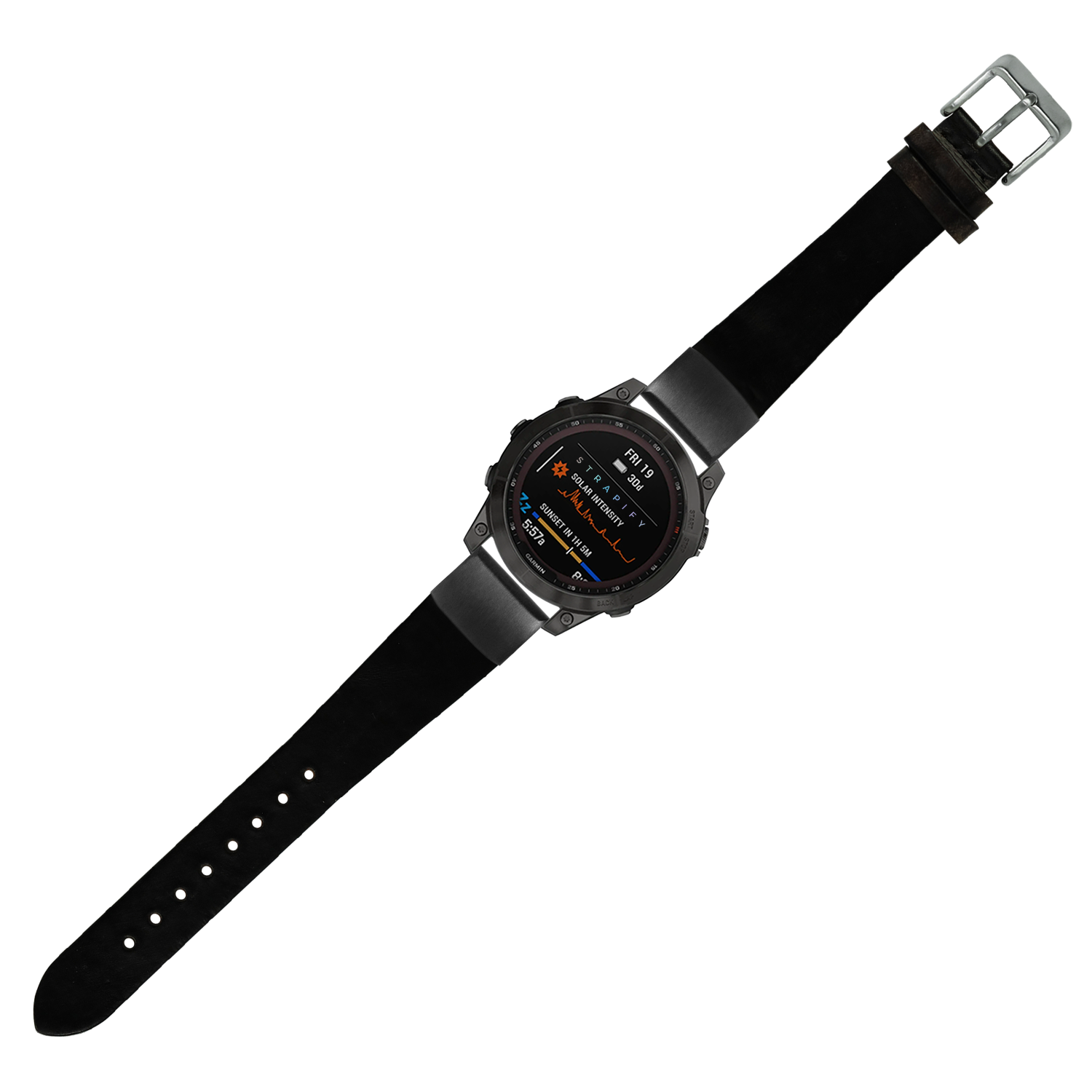 Black leather smartwatch band with QuickFit 20mm connector, silver buckle, and colorful digital watch face display