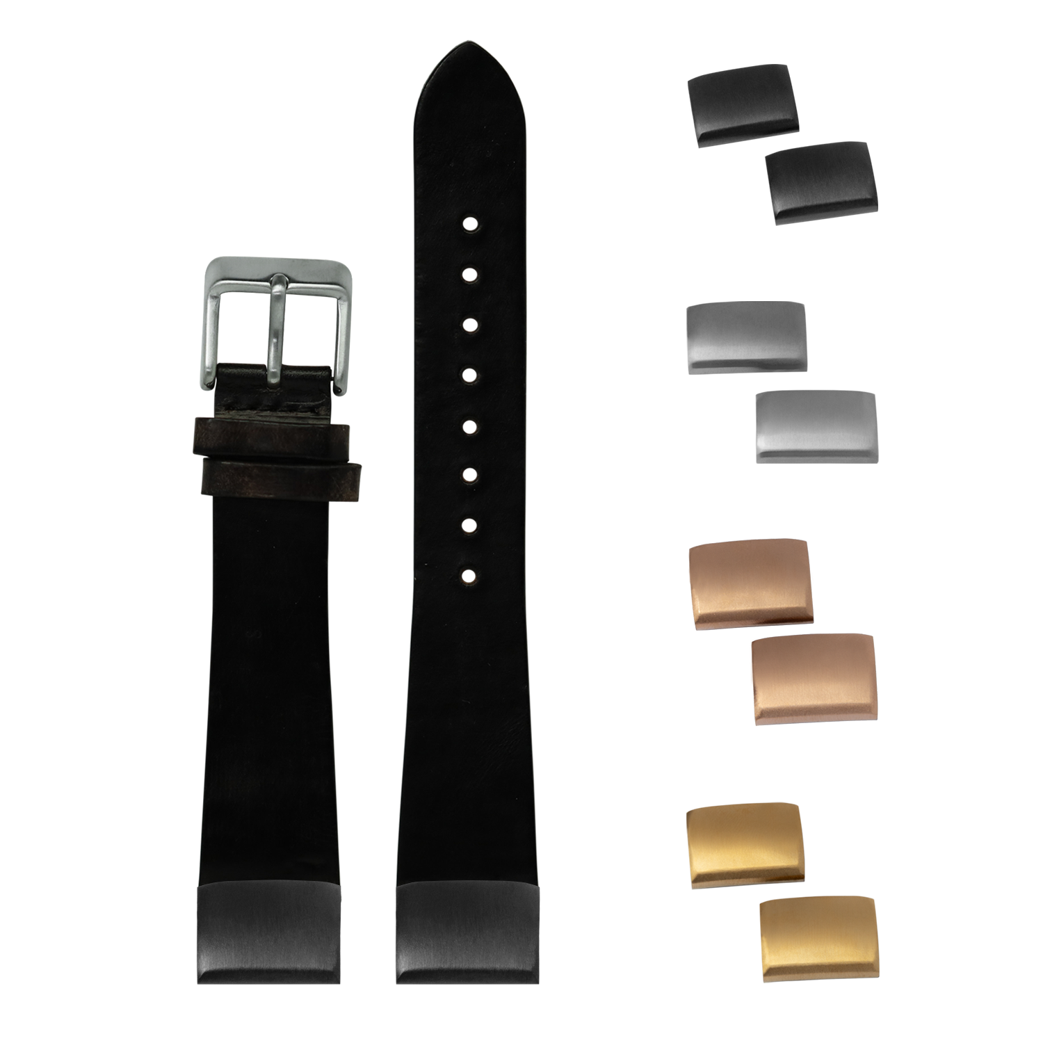 Black leather watch band 20mm with interchangeable buckles and keepers in silver, gold and rose gold finishes