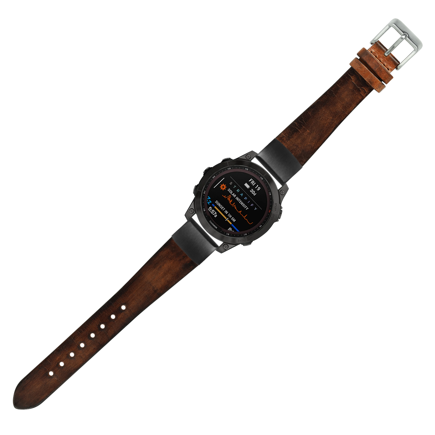 Smartwatch with black digital display and vintage smoked brown leather QuickFit strap with silver buckle