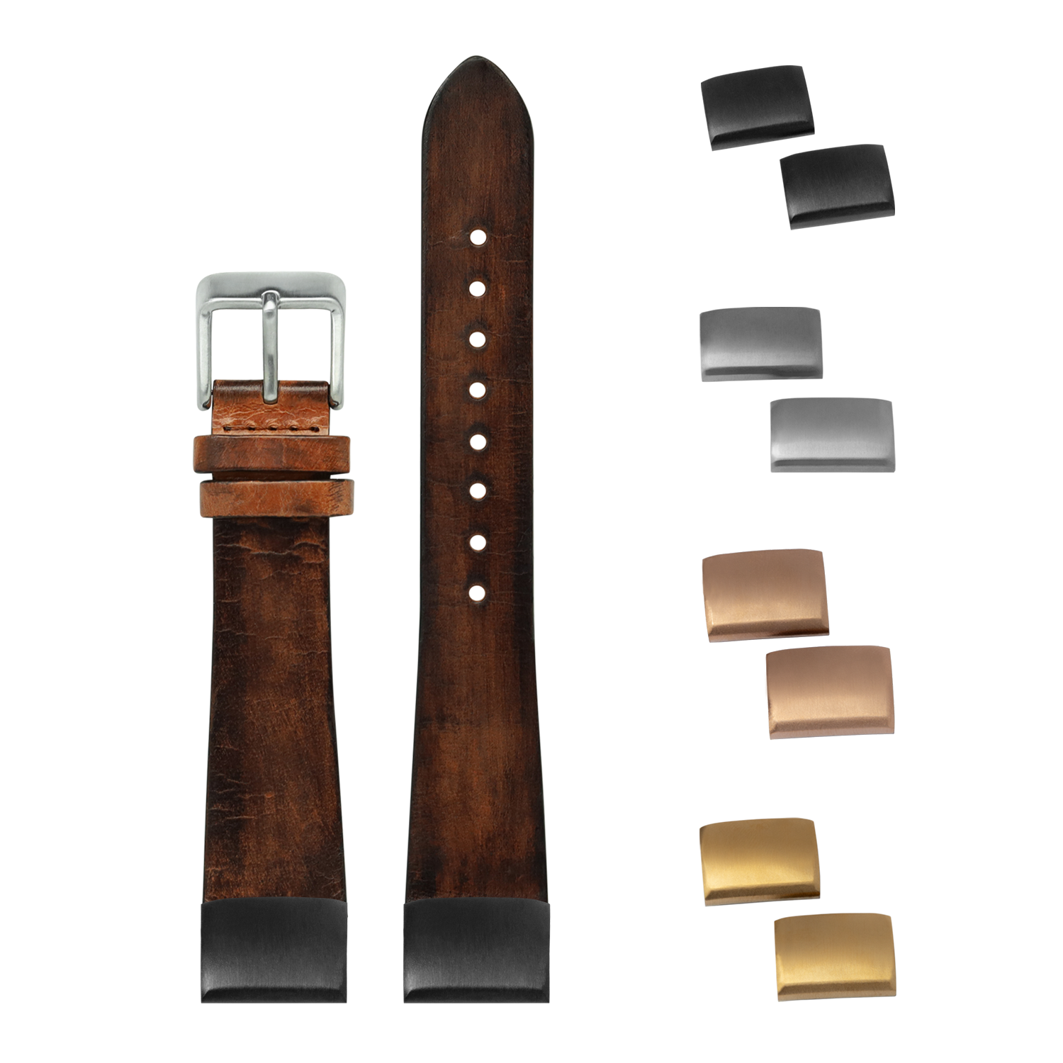 Vintage brown leather watch band with interchangeable buckles in silver, gunmetal, rose gold and gold finishes for 20mm quick fit straps
