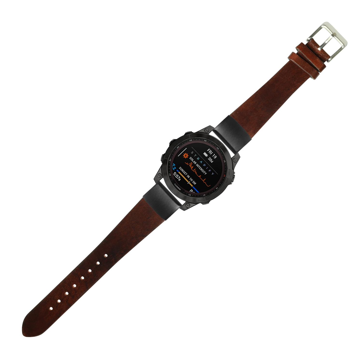 Smartwatch with black digital display and vintage dark brown leather band with silver buckle