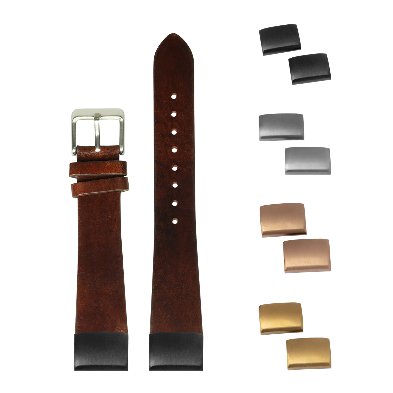 Brown leather watch strap with interchangeable buckles, vintage style 20mm quick-fit band with silver, gold and black hardware