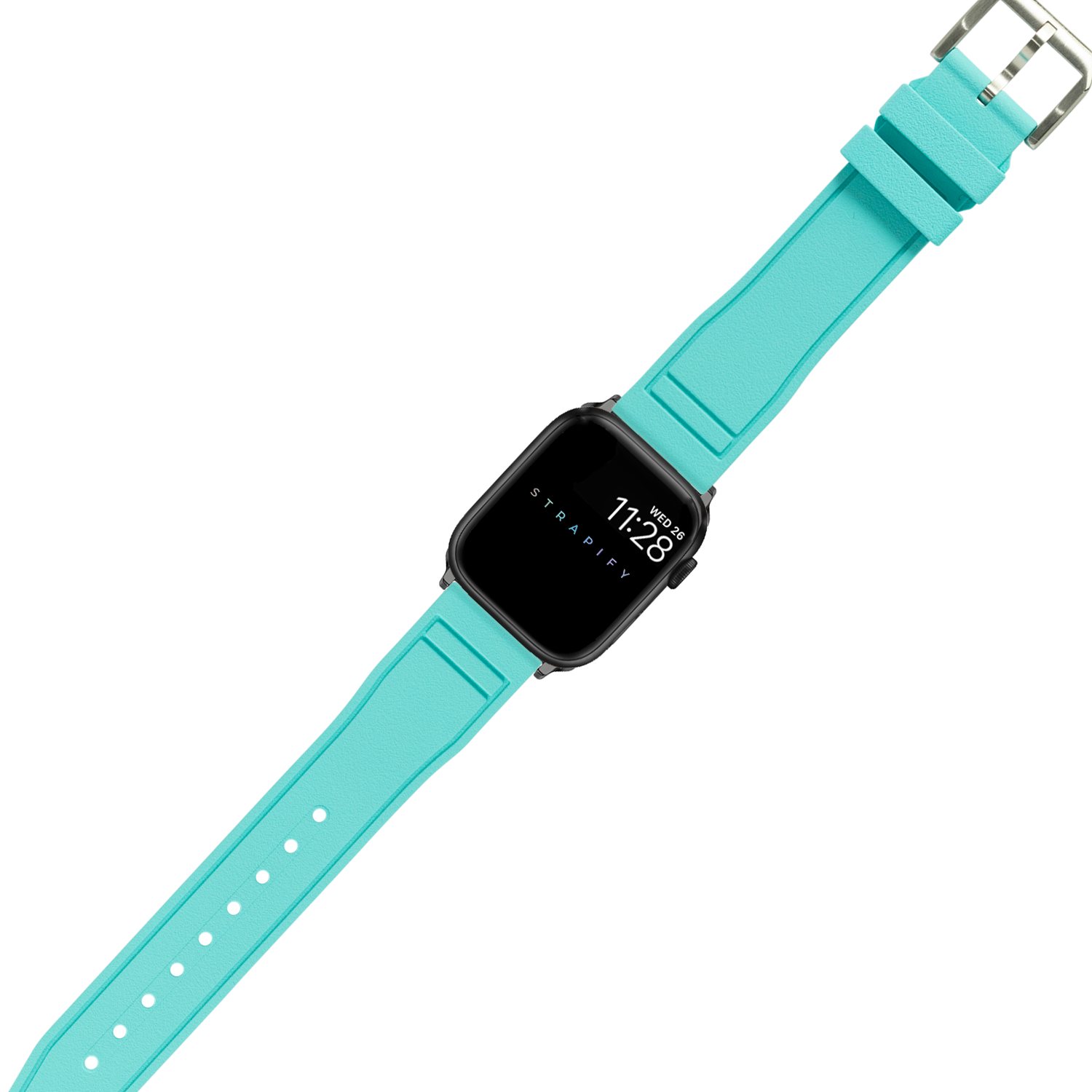 Turquoise FKM rubber smartwatch band with silver buckle and black square watch face displaying time
