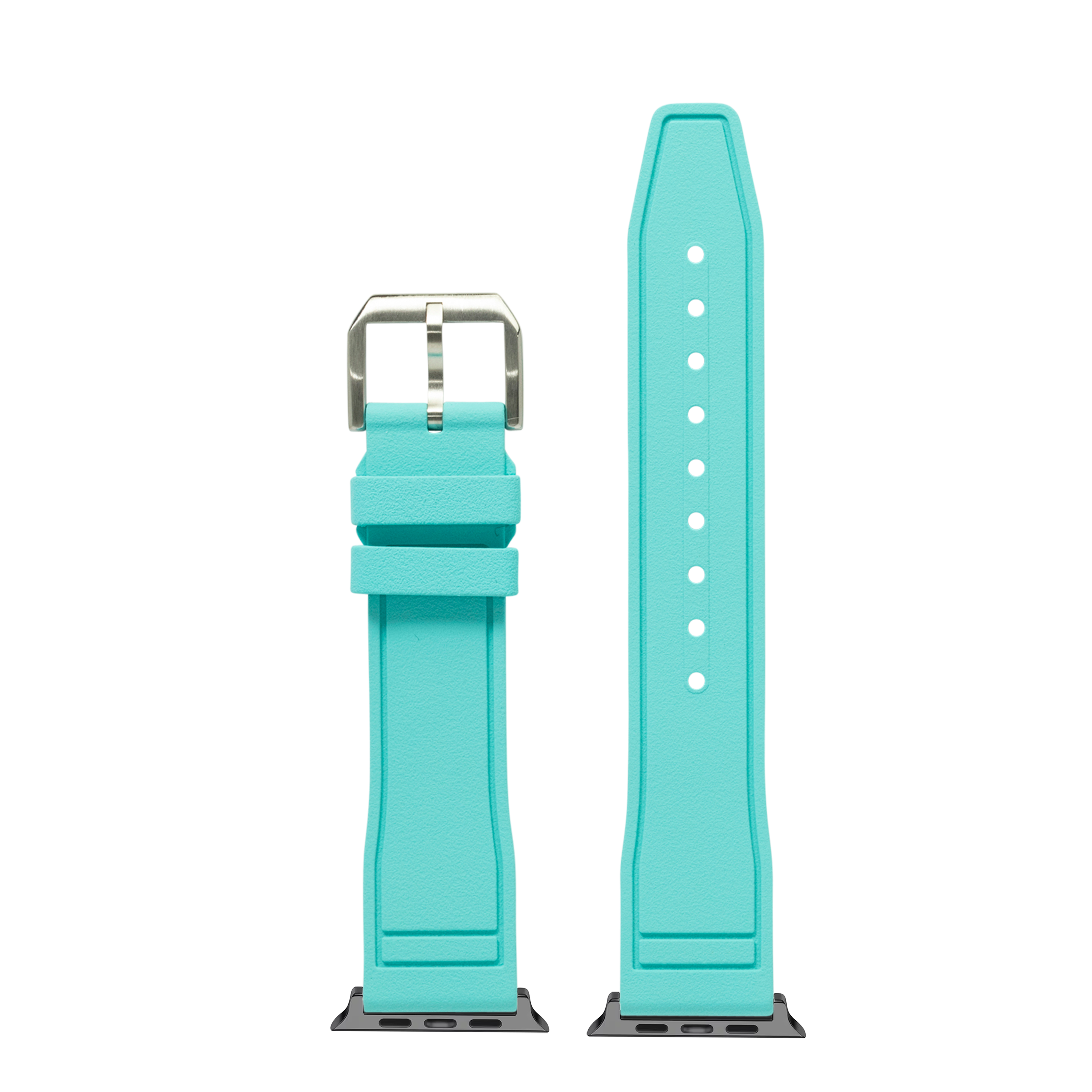 Turquoise FKM rubber watch band with stainless steel buckle and white perforations, shown unbuckled and full length for Apple Watch