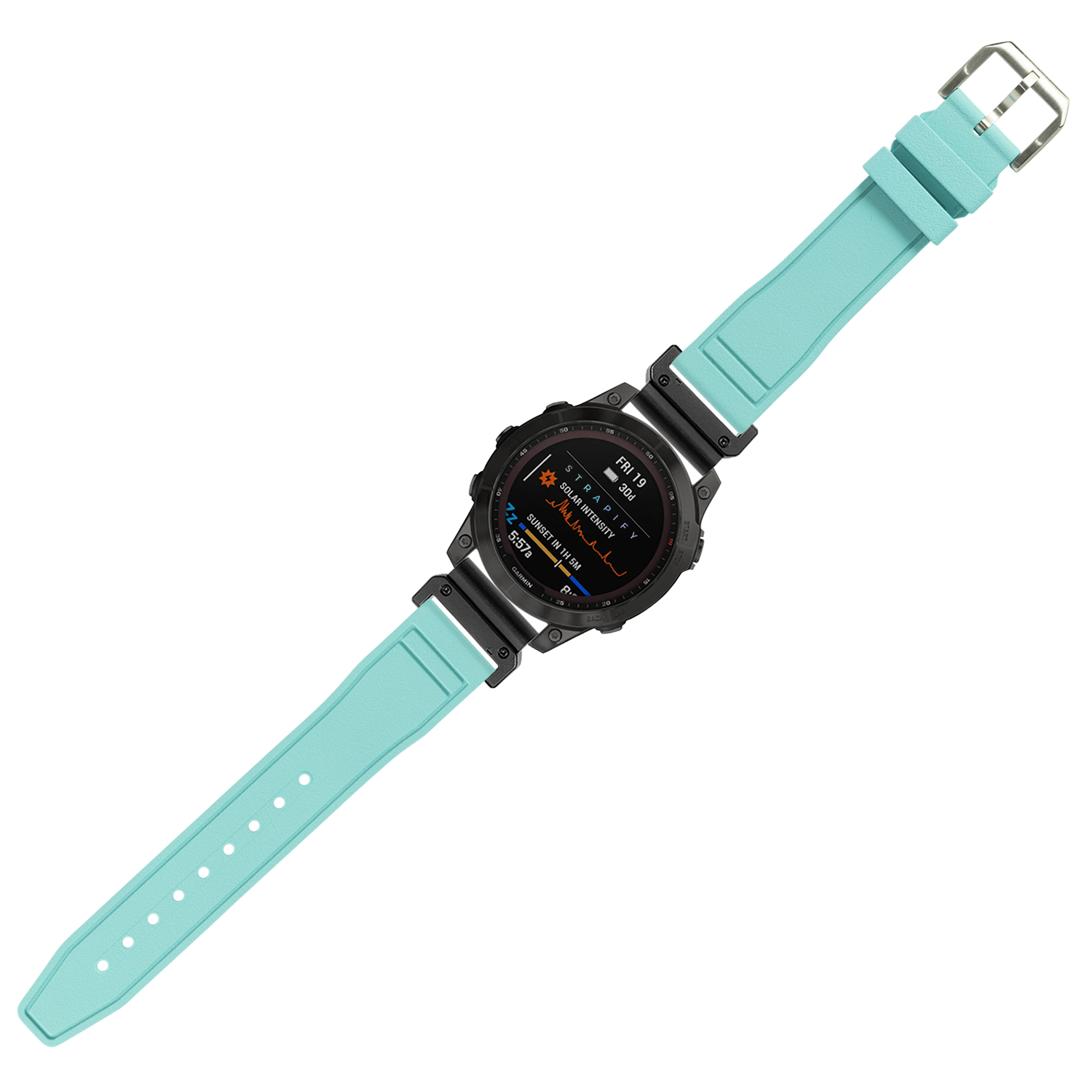Black digital smartwatch with turquoise silicone rubber strap and metal buckle, QuickFit 22mm band