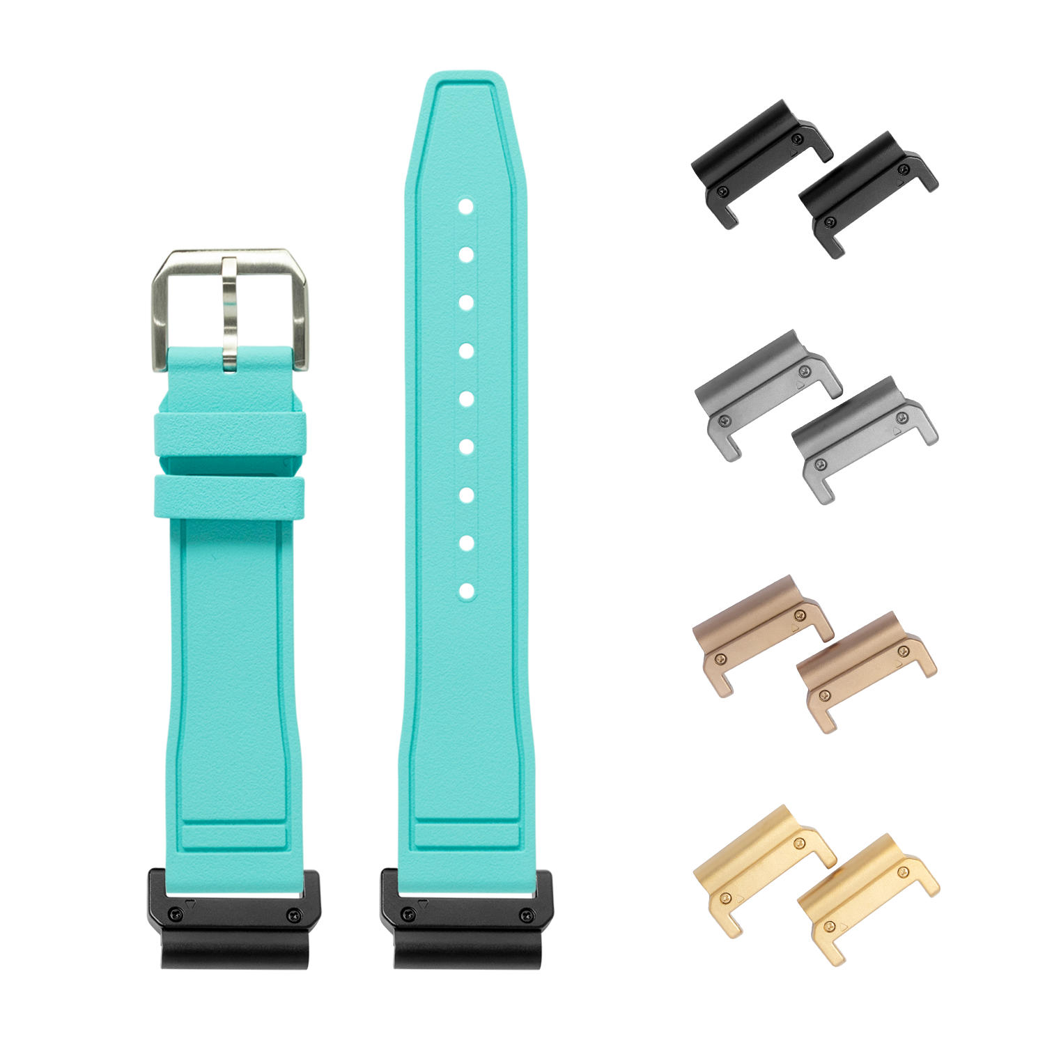 Turquoise QuickFit FKM rubber watch band with interchangeable lugs for Pilot 26mm watches, includes black, gray, bronze and gold connector bars