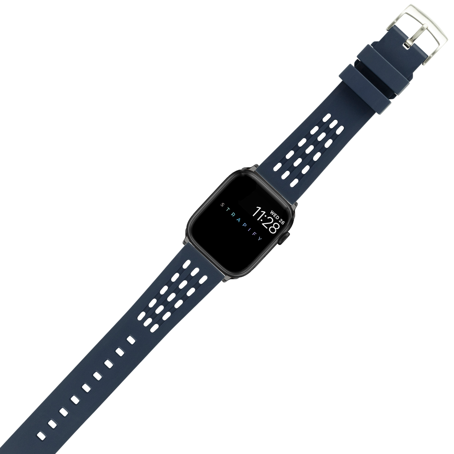 Navy FKM rubber sport watch strap with white ventilation holes and silver buckle for Apple Watch compatibility
