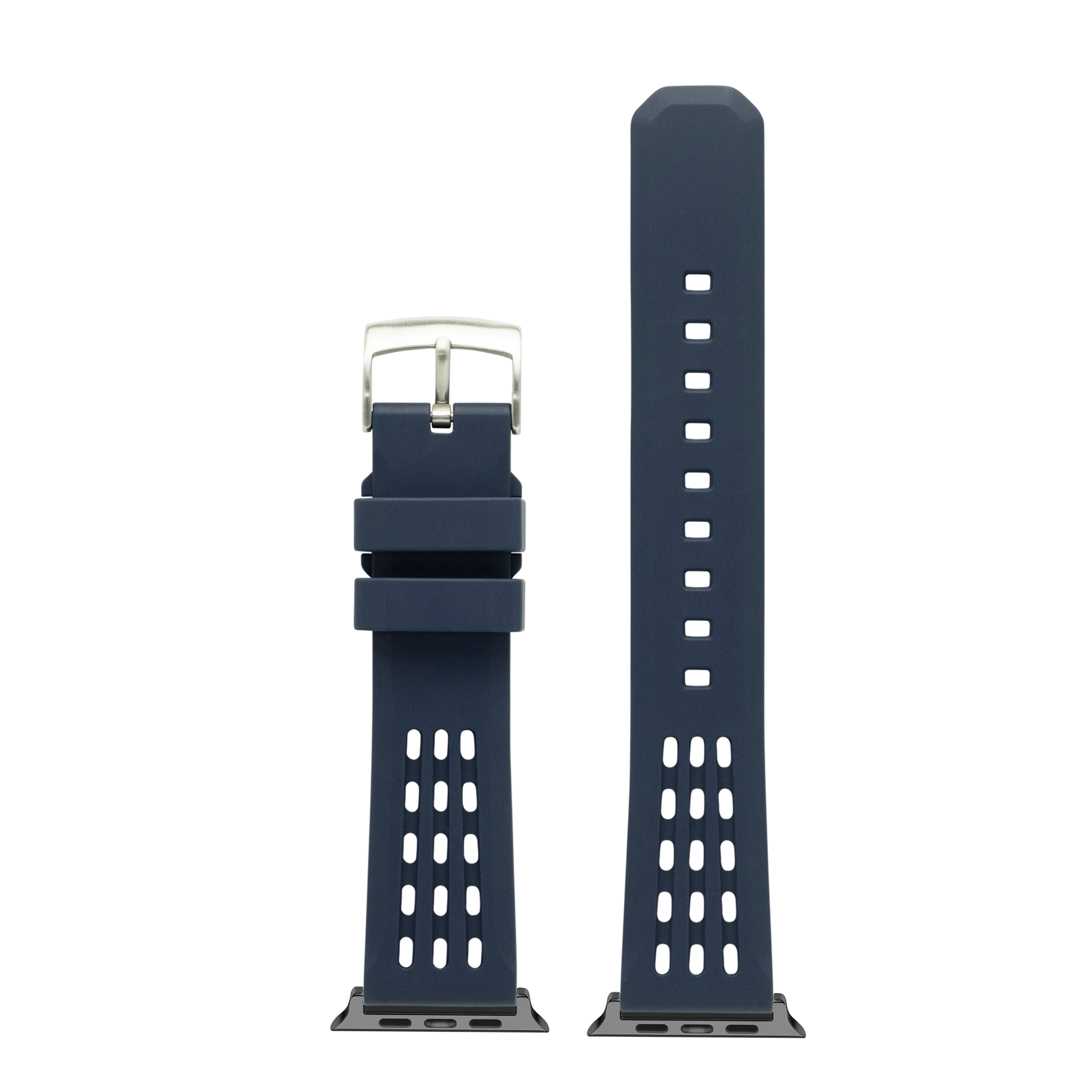 Navy FKM rubber smartwatch band with perforated design, silver buckle, and connector lugs for sports fitness tracking