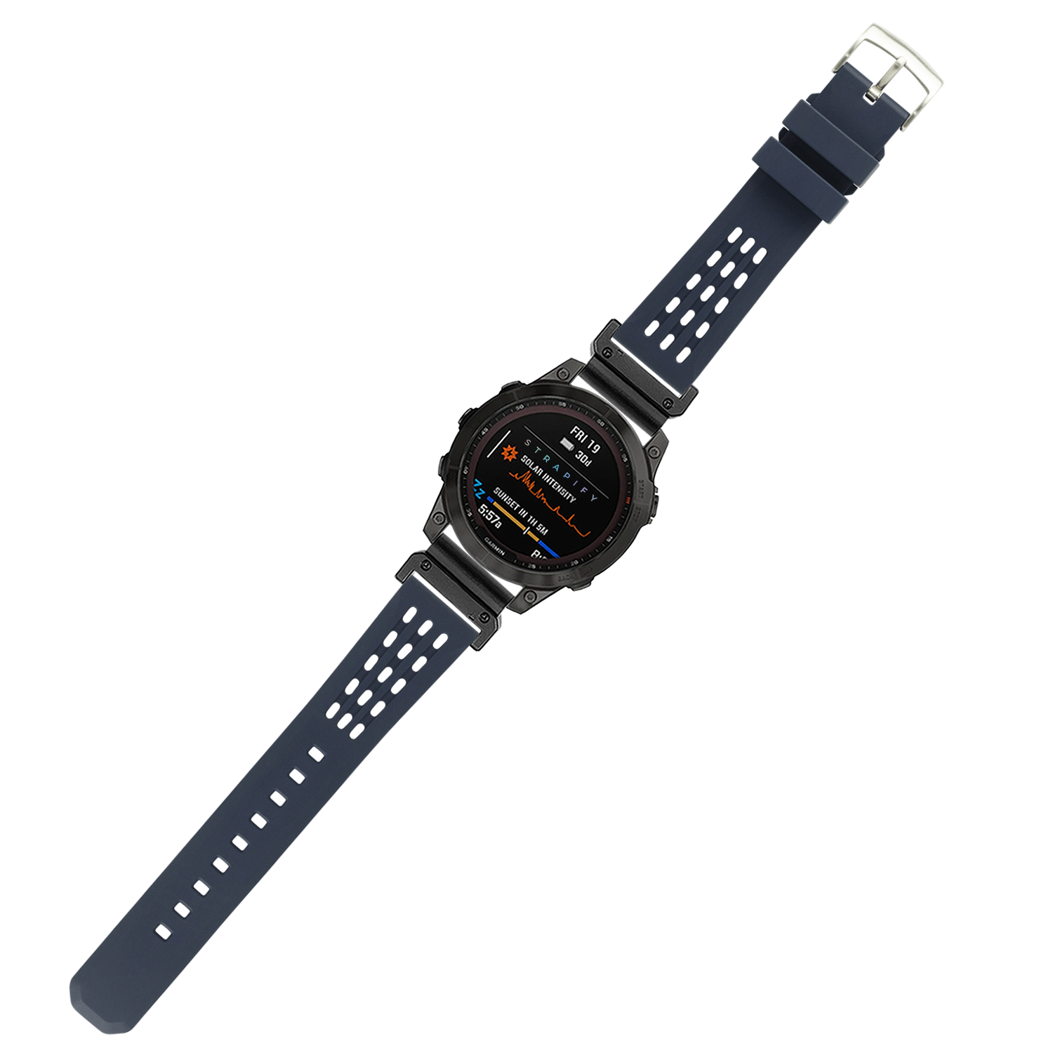 Black digital sports watch with FKM rubber strap, orange display text, metal bezel, and quick-fit 22mm band system for active use