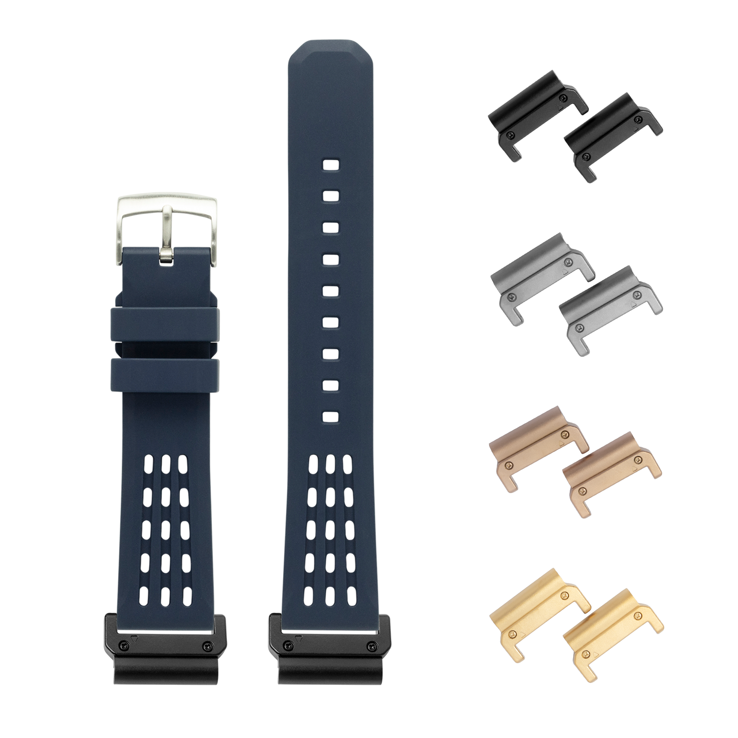 QuickFit FKM rubber watch band with interchangeable lugs in navy, black, gray, bronze and gold finishes