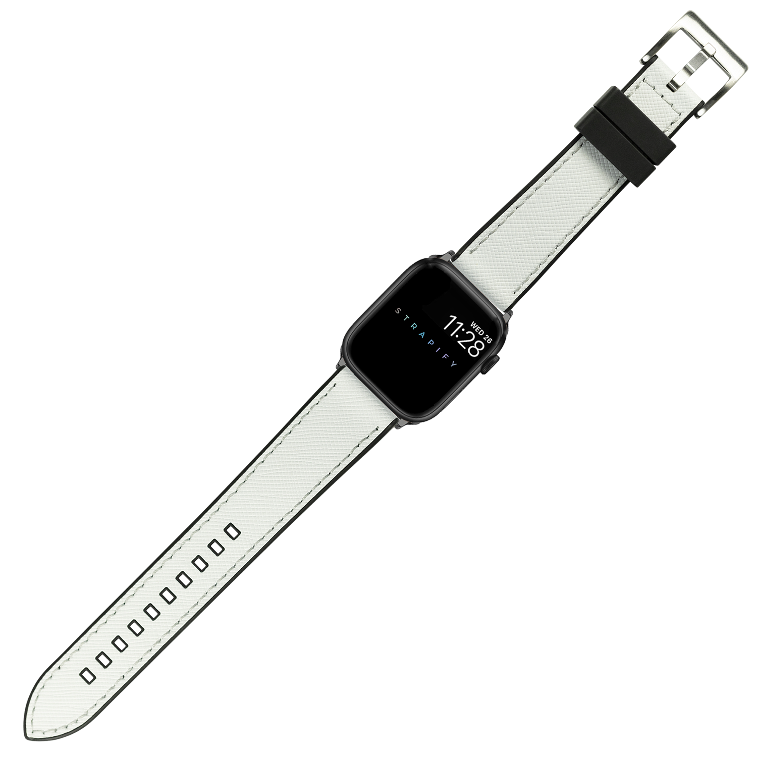 Black and white smartwatch with square face displaying time, white leather band with textured pattern and black rubber loop, stainless steel buckle