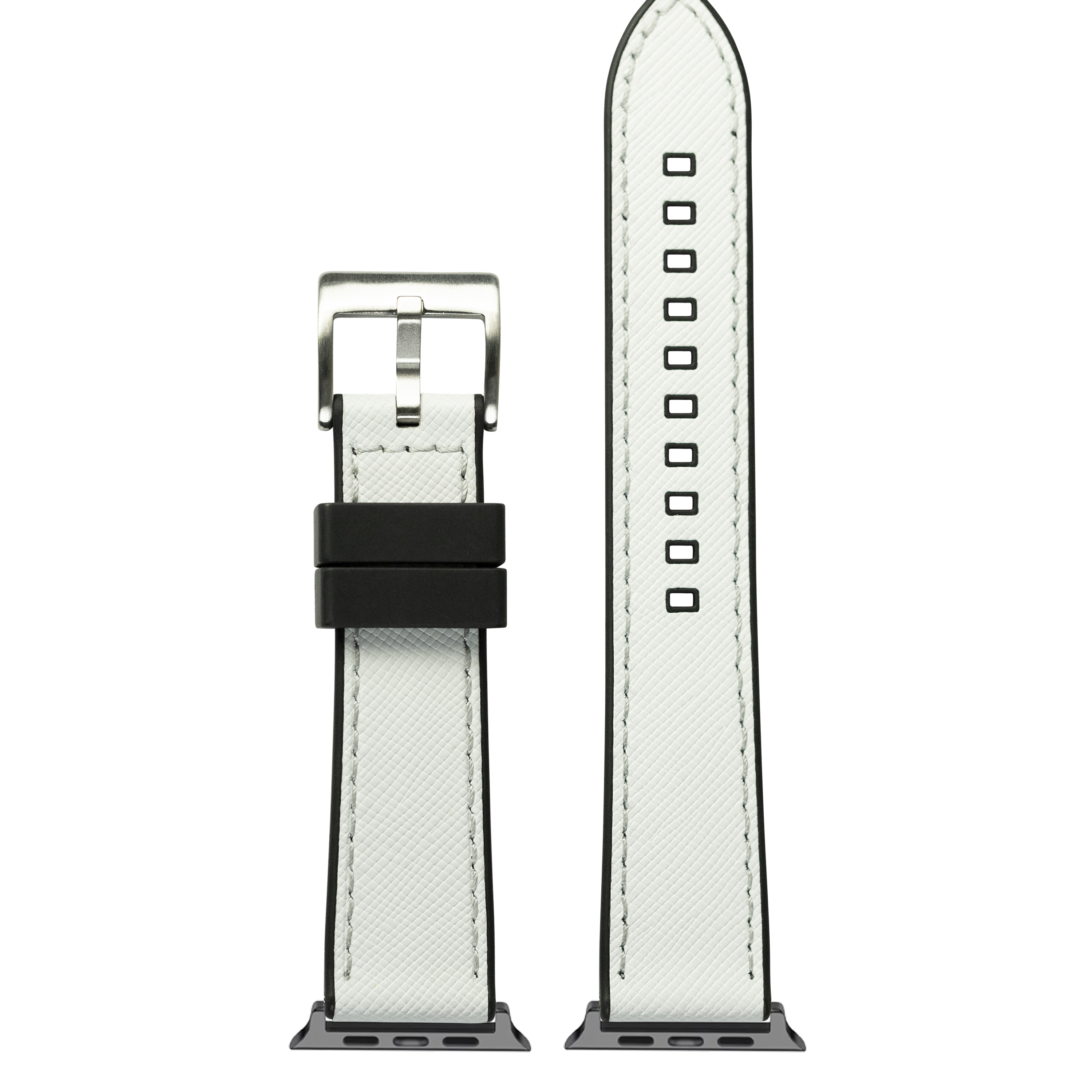 White saffiano leather and black rubber hybrid smartwatch band with silver buckle and adjustment holes