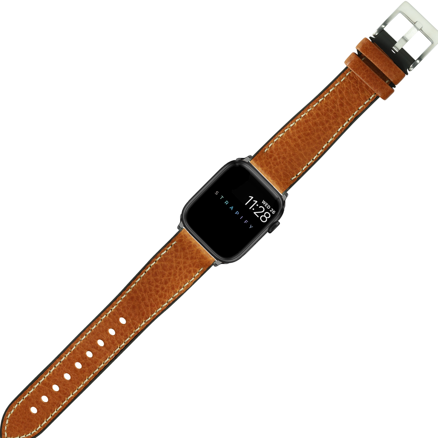 Smartwatch with black square face and tan brown leather band with white stitching and silver buckle