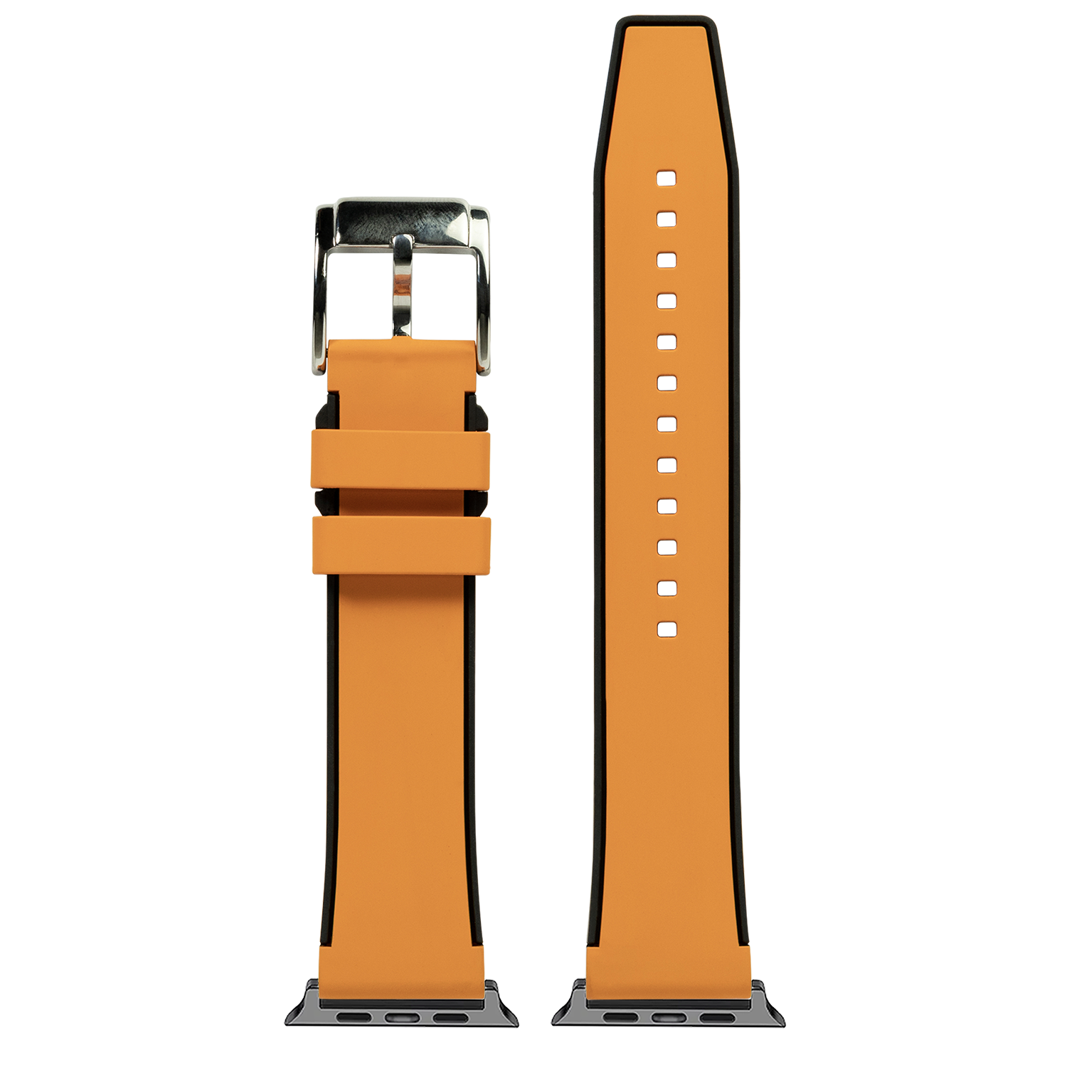 Orange FKM rubber smartwatch band with black edges, silver buckle, and perforated holes shown assembled and flat