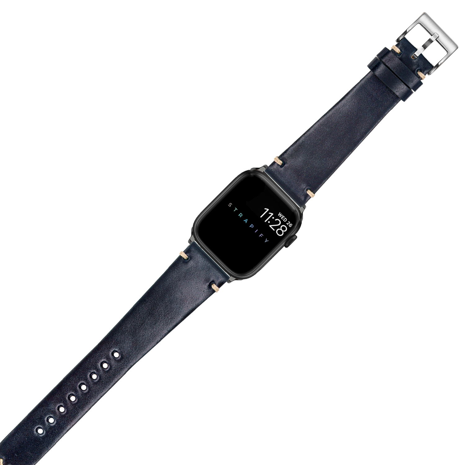 Navy blue Horween Shell Cordovan leather Apple Watch band with silver buckle and gold accents on smartwatch display