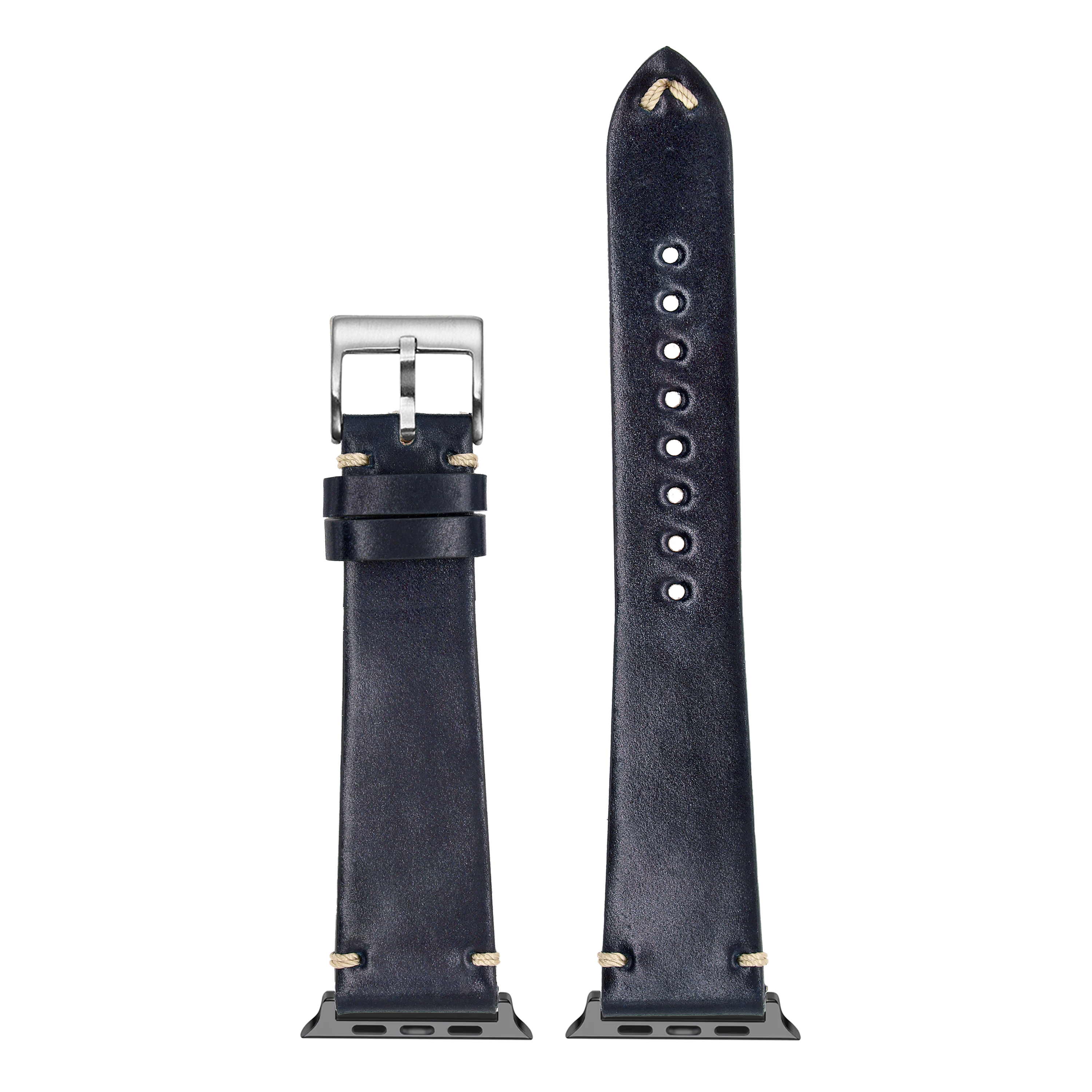 Navy blue Horween Shell Cordovan Apple Watch band with vintage gold stud accents and silver buckle, shown assembled and disassembled