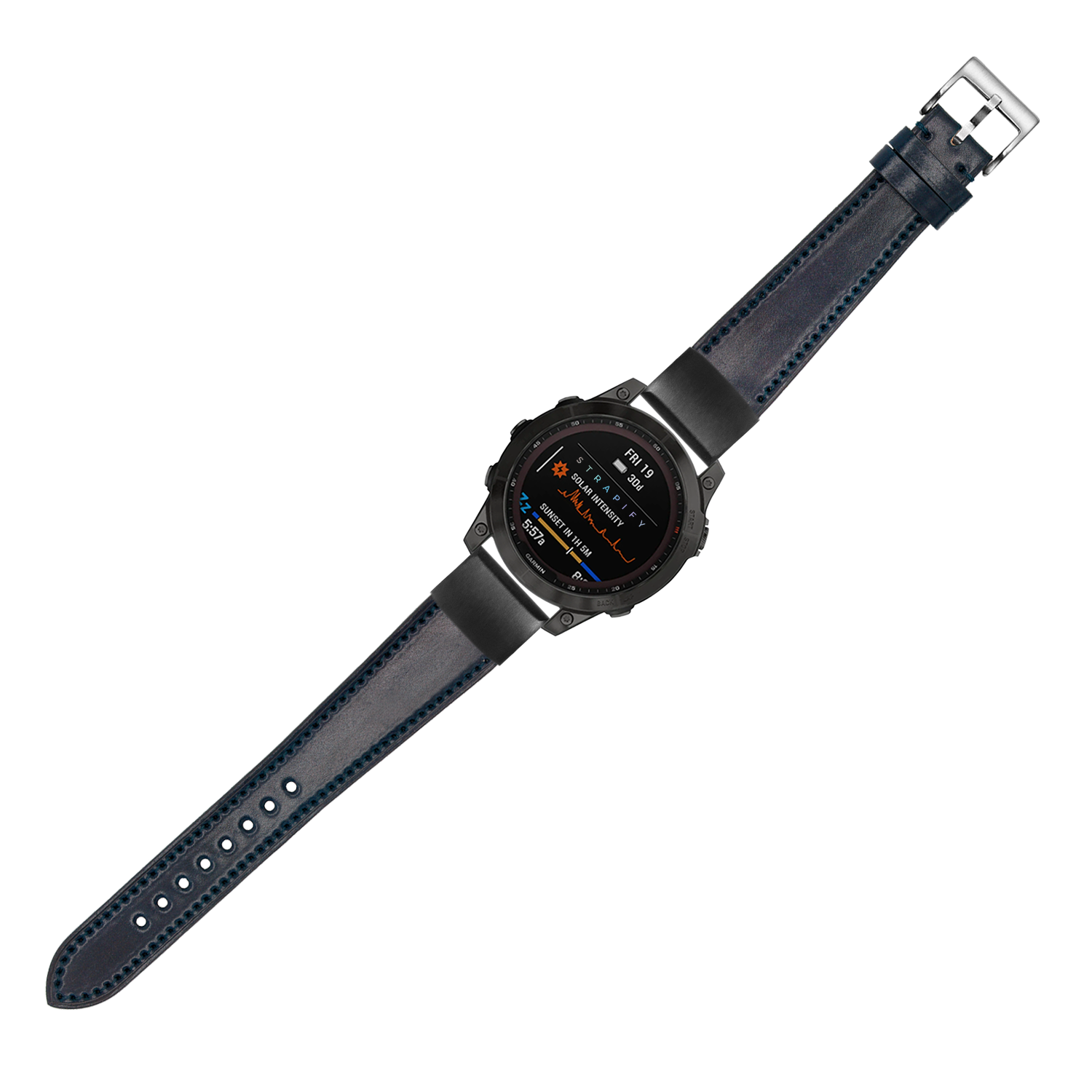 Black digital smartwatch with navy blue Horween Shell Cordovan leather band and silver buckle displaying fitness data on screen