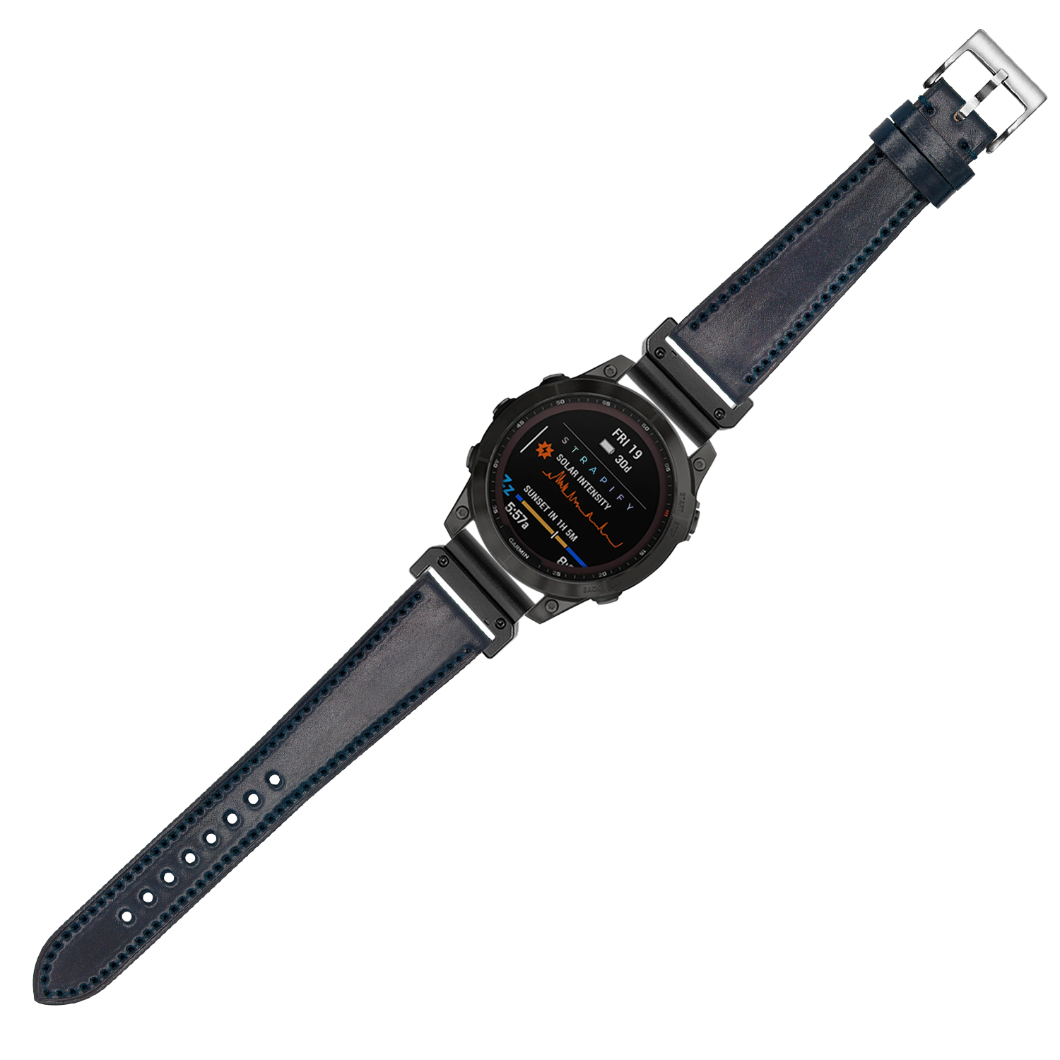 Black digital smartwatch with navy blue Horween Shell Cordovan leather strap and silver buckle on white background