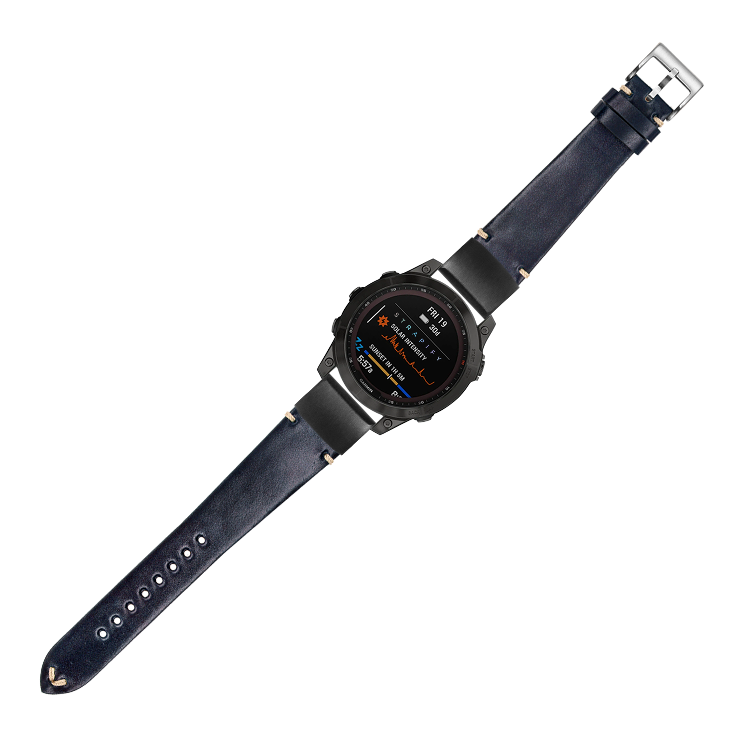 Black digital smartwatch with navy blue Horween Shell Cordovan leather strap and silver buckle