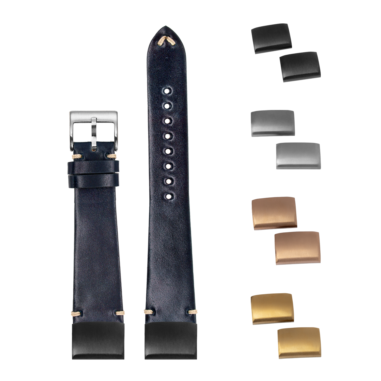 Navy blue Horween Shell Cordovan QuickFit 20mm watch strap with interchangeable buckles in silver, gunmetal, rose gold, and gold finishes