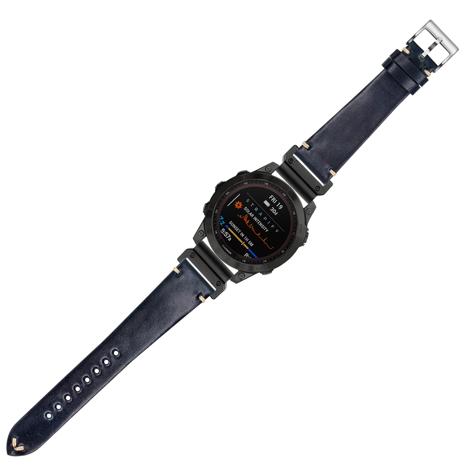 Black digital smartwatch with navy blue Horween Shell Cordovan leather band and silver buckle on white background