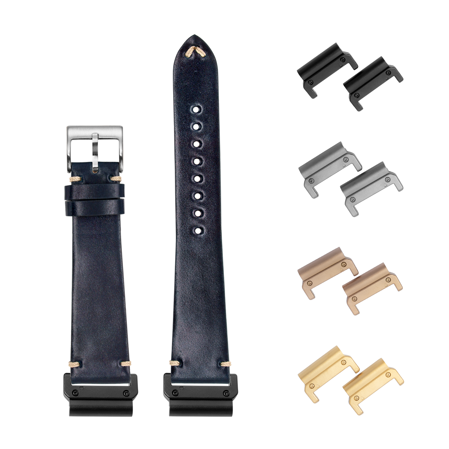 Navy blue Horween Shell Cordovan watch band with interchangeable lugs in black, gunmetal, bronze, and gold finishes for quick-fit 26mm watches