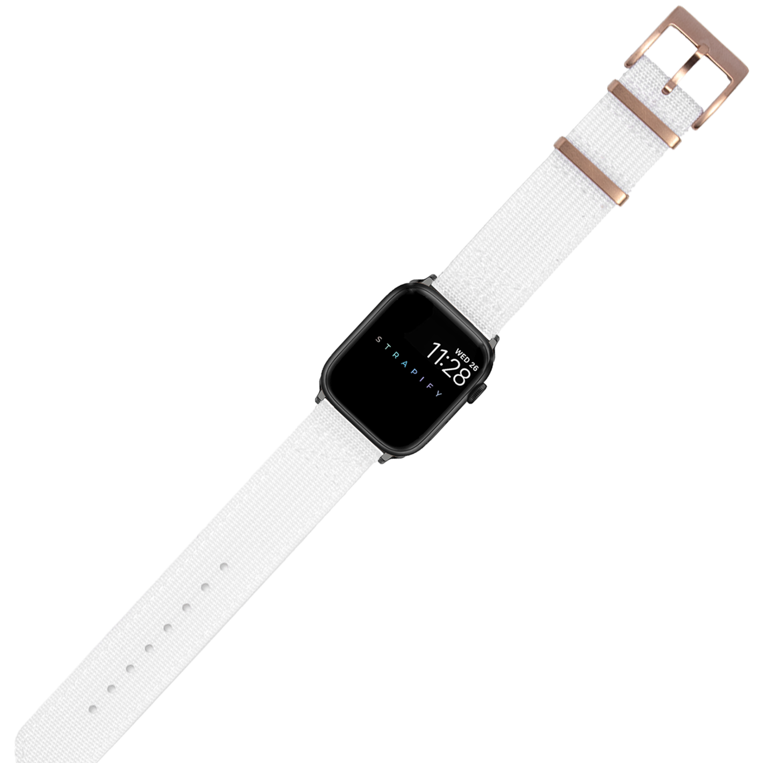 White canvas smartwatch band with rose gold buckle for Apple Watch, adjustable fabric strap replacement