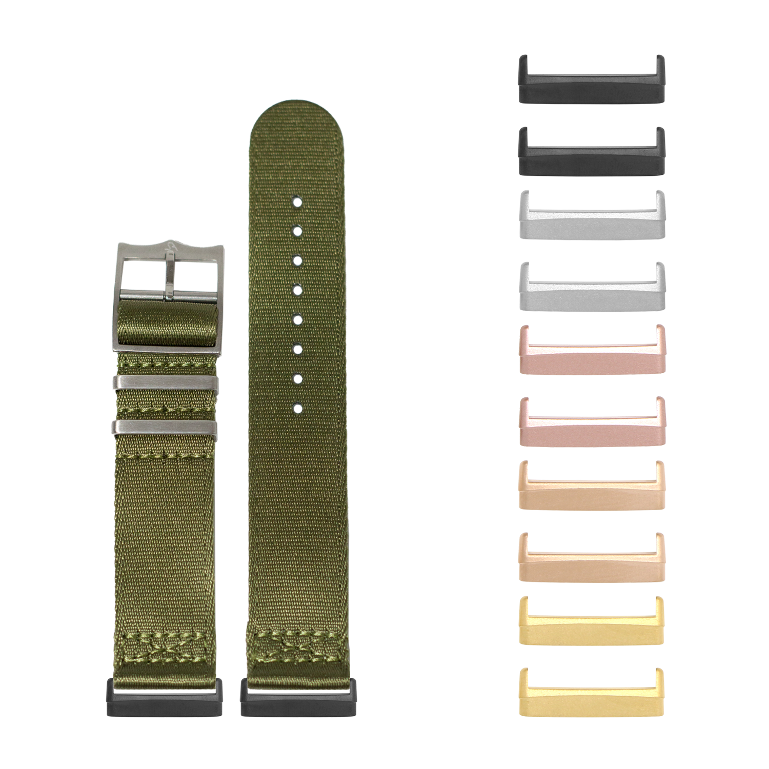 Olive green fabric watch band with interchangeable metal hardware in multiple finish options including black, rose gold, and gold for Fitbit Versa and Sense