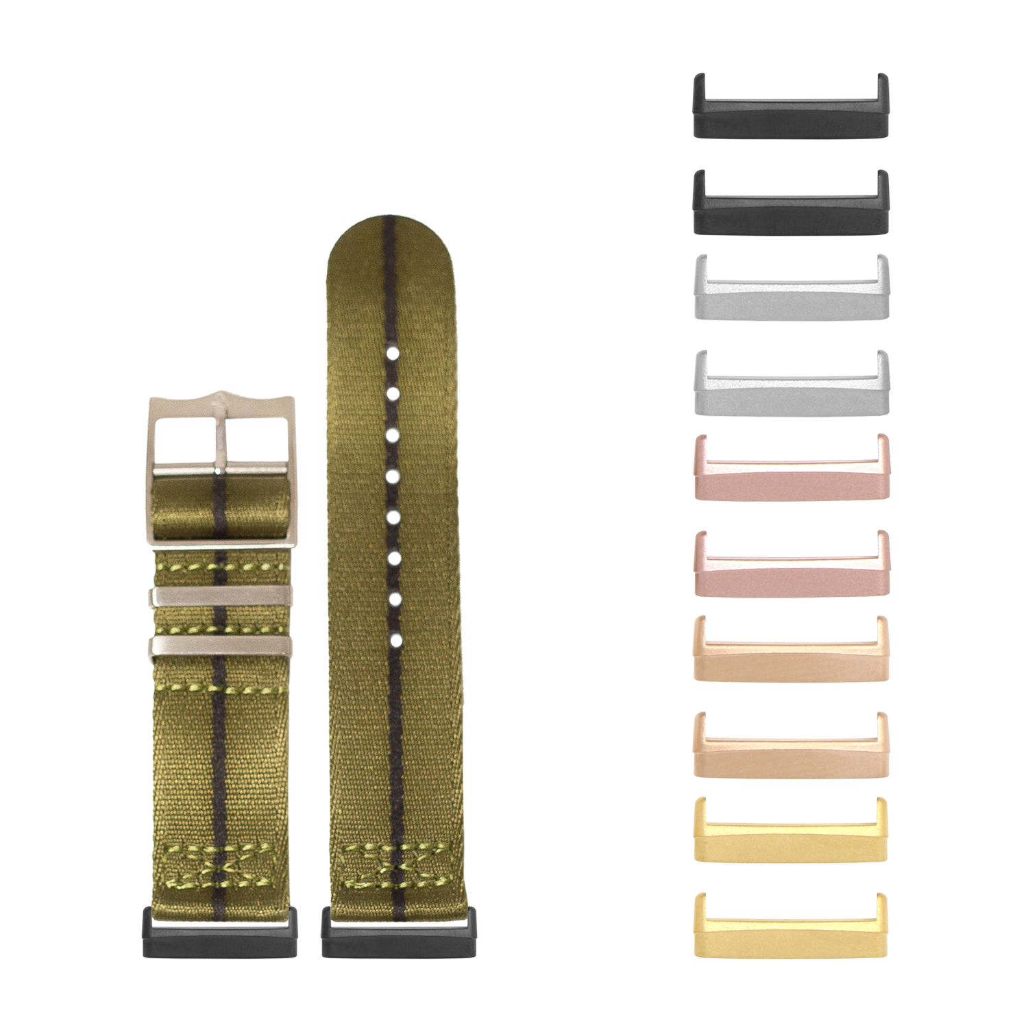 Militex army green fabric watch band with black stripe and interchangeable metal buckles in multiple finishes for Fitbit Versa and Sense