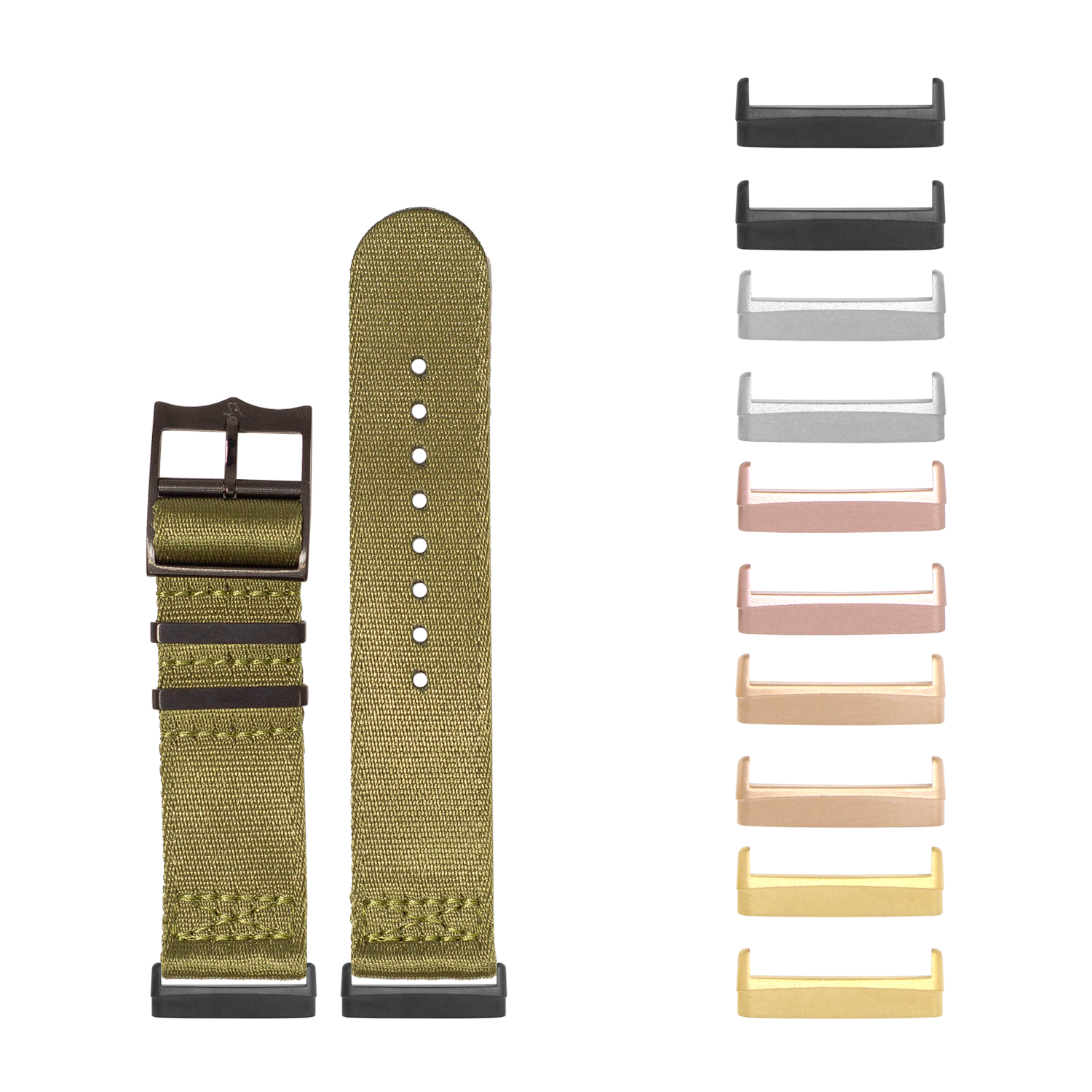 Olive green military-style canvas watch band with black hardware and interchangeable metal lugs in multiple finishes for Fitbit Versa and Sense