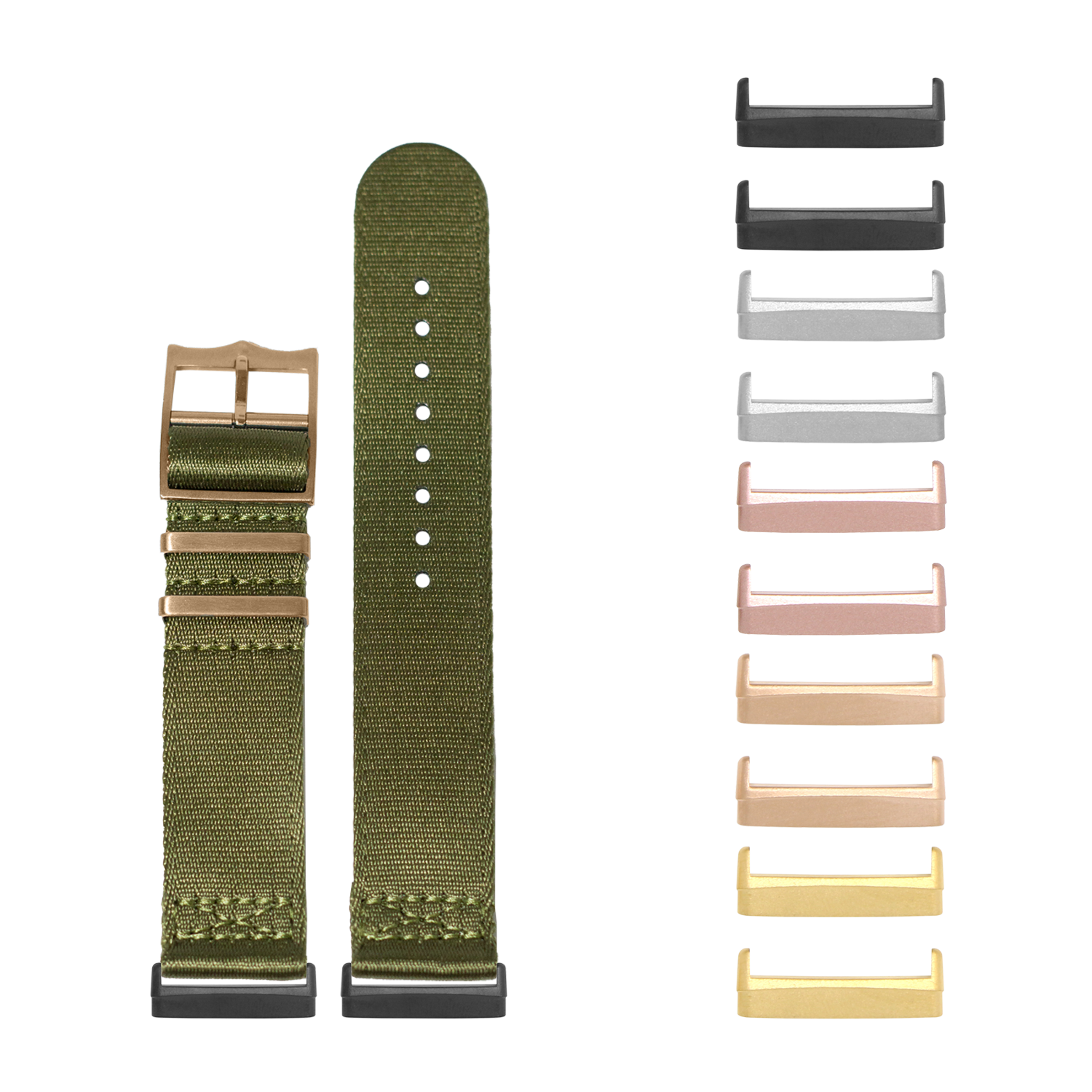 Olive green woven fabric watch band with rose gold hardware and interchangeable metal lugs in multiple color options for Fitbit Versa and Sense smartwatches