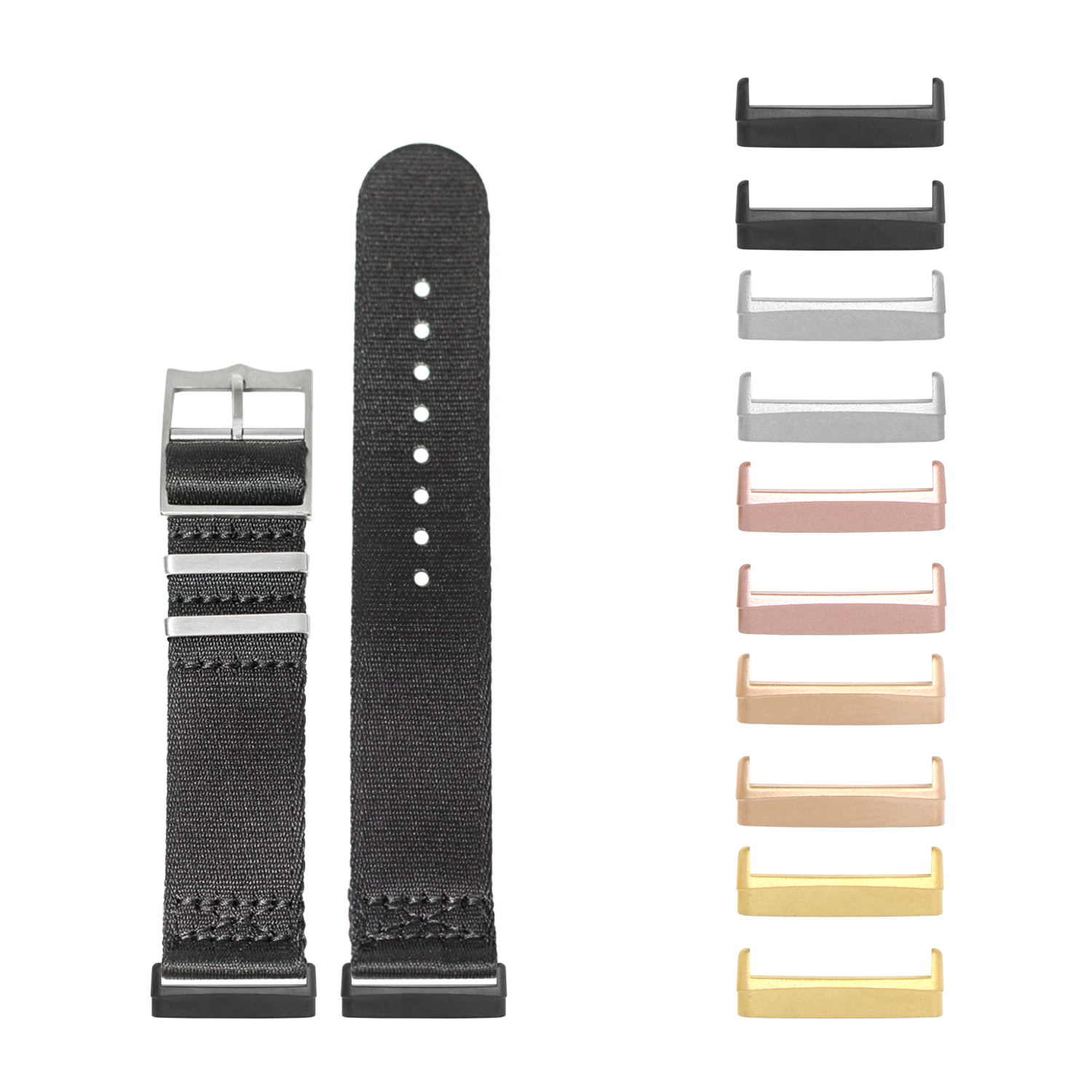 Black fabric watch band with metal buckle and interchangeable end pieces in multiple colors for Fitbit Versa and Sense smartwatches