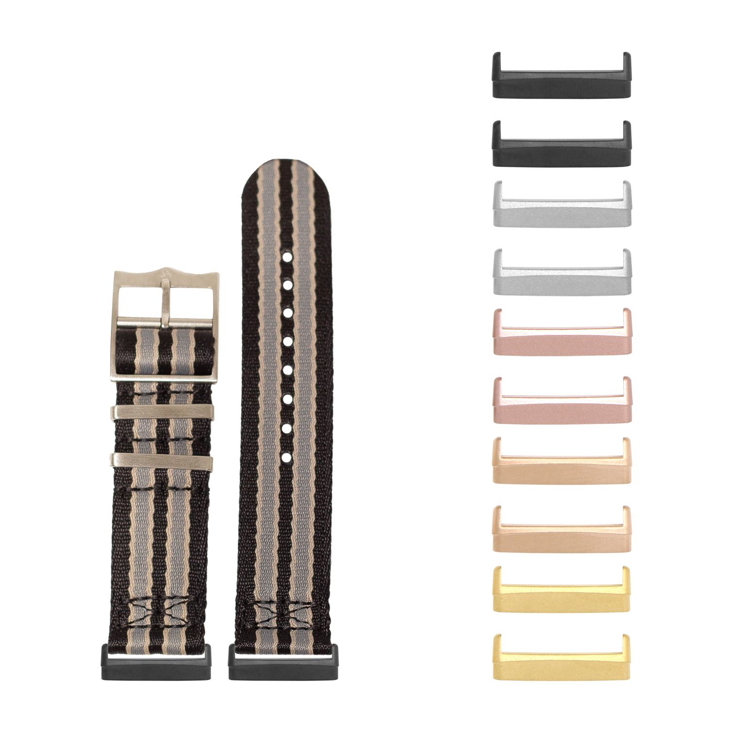 Fitbit Versa 3 4 and Sense 1 2 black beige striped fabric watch band with interchangeable metal lugs in multiple finishes