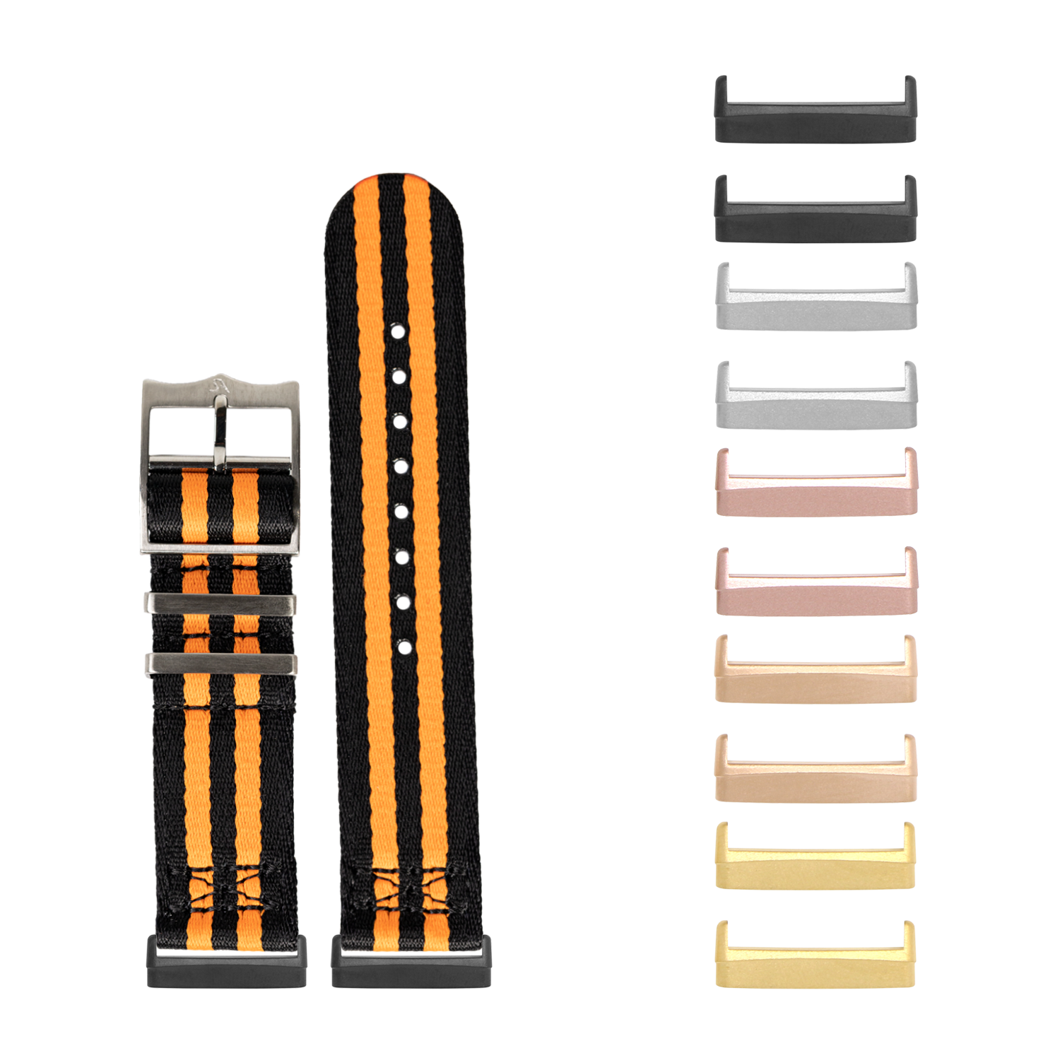 Black and orange striped fabric watch band with metal hardware, shown with interchangeable colored metal lugs for Fitbit Versa and Sense smartwatches