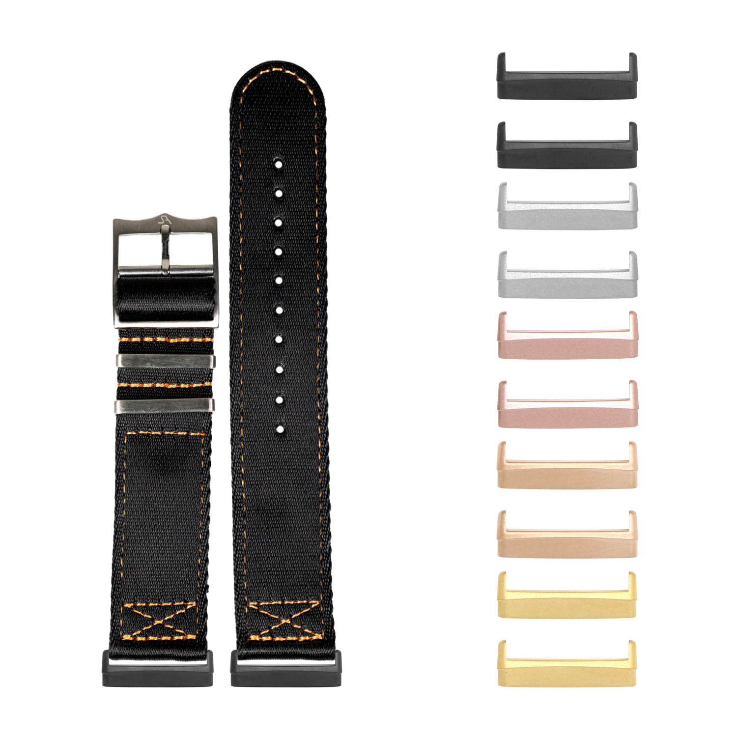 Black nylon smartwatch band with orange stitching, metal buckle, and interchangeable case lugs in multiple finishes for Fitbit Versa and Sense